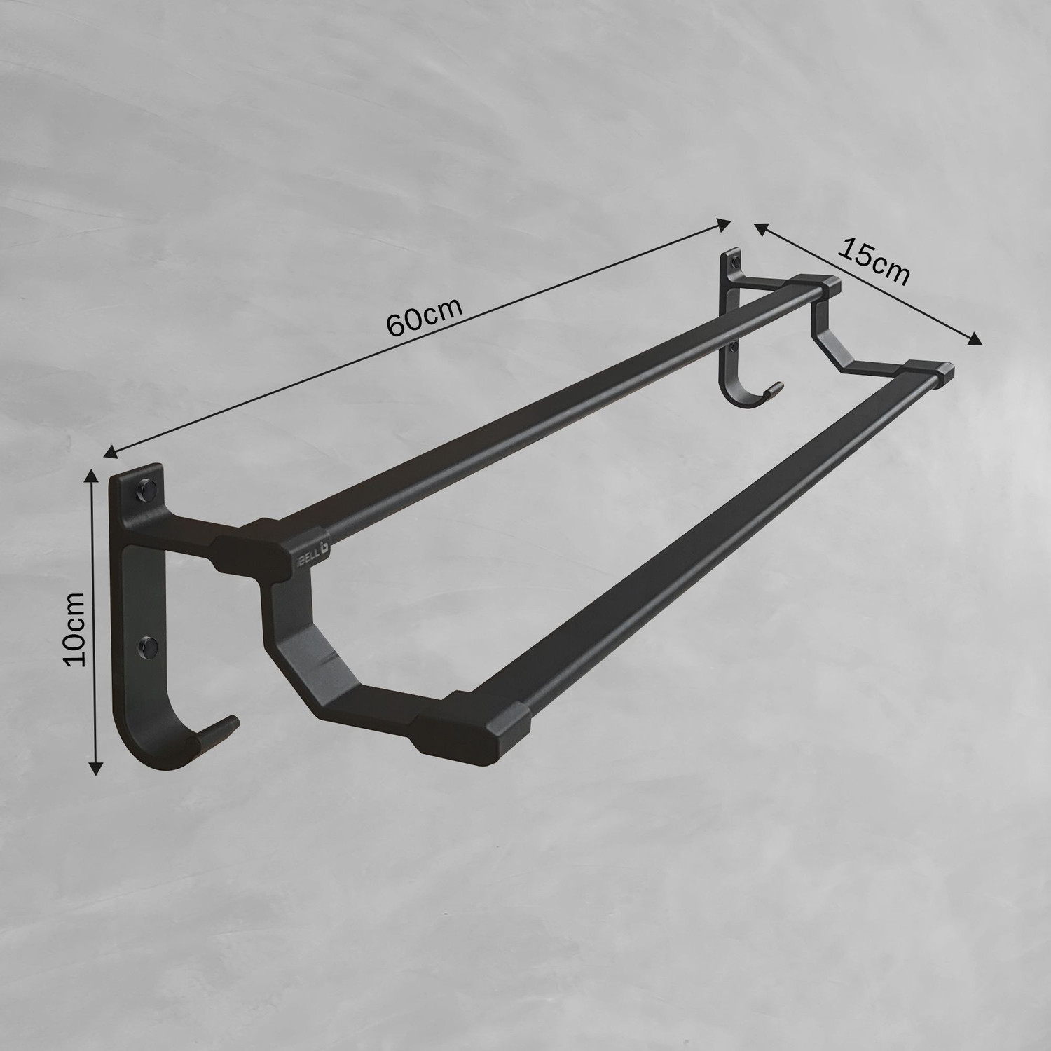 Image of iBELL IBL 66-HG Double Towel Rod with Hooks, 60 cm (24-Inch) Wall Mounted Double Bar Dark Grey Towel Holder
