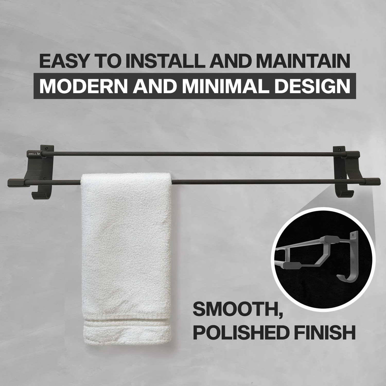 Image of iBELL IBL 66-HG Double Towel Rod with Hooks, 60 cm (24-Inch) Wall Mounted Double Bar Dark Grey Towel Holder