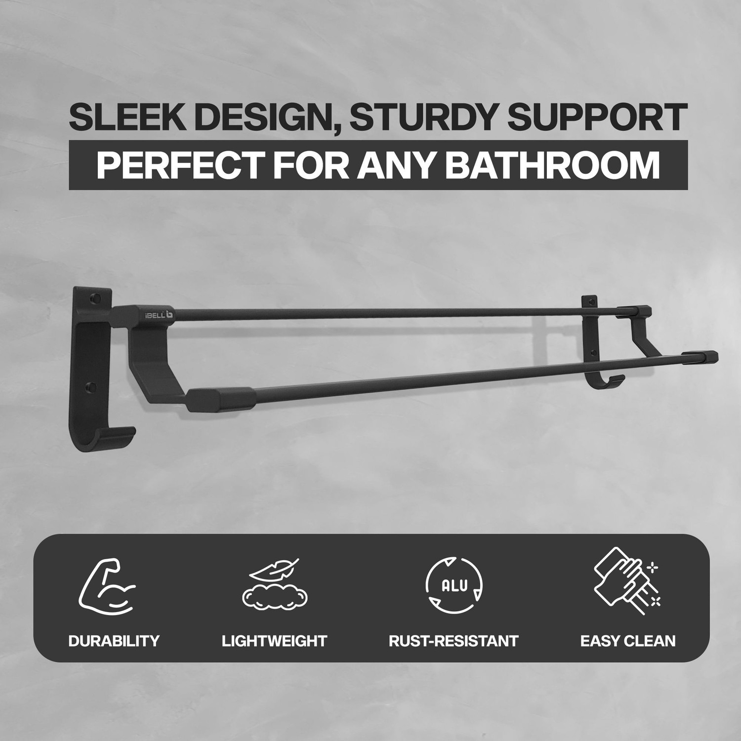 Image of iBELL IBL 66-HG Double Towel Rod with Hooks, 60 cm (24-Inch) Wall Mounted Double Bar Dark Grey Towel Holder