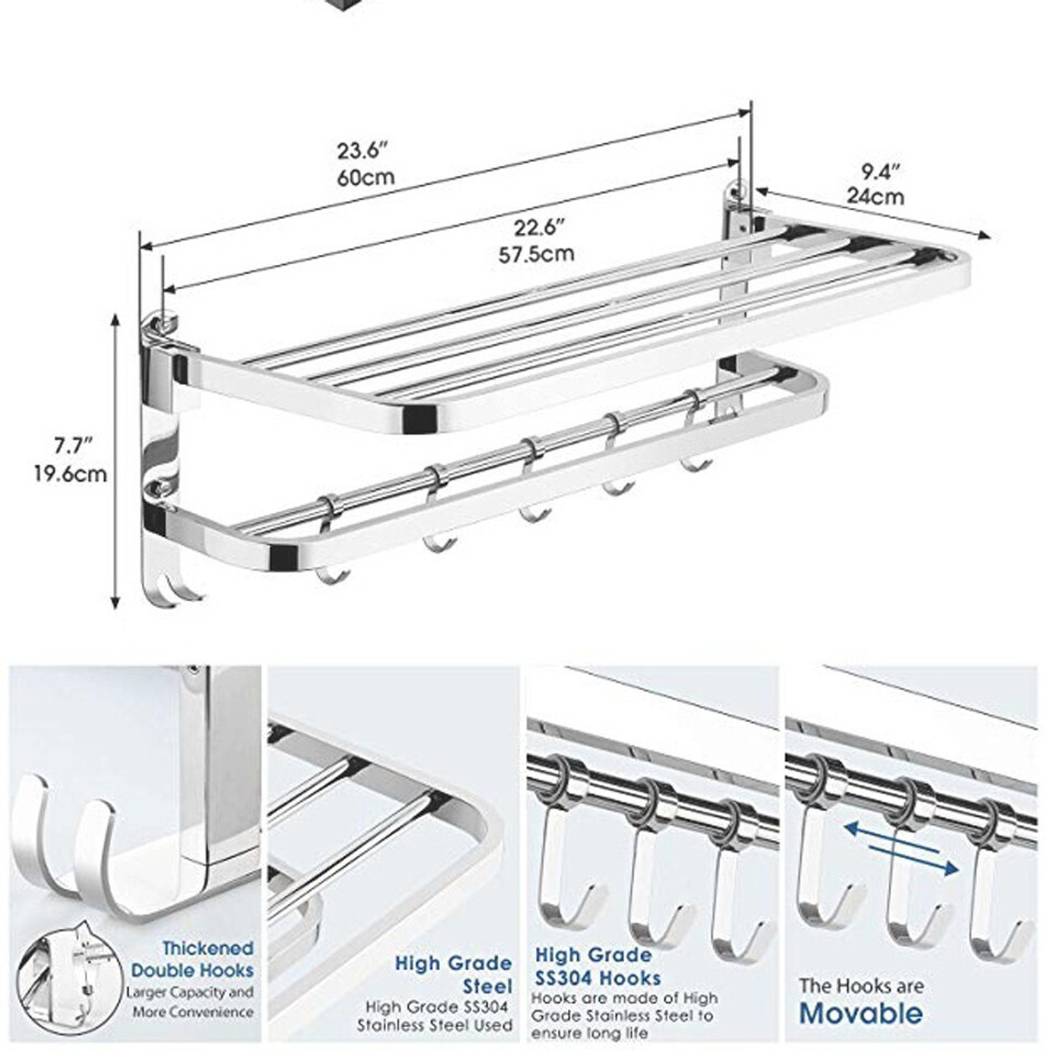 Image of SteelHaven 304 Grade 24 inch Dual Folding Towel Rack /stand for Bathroom /Bathroom Accessories Silver Towel Holder