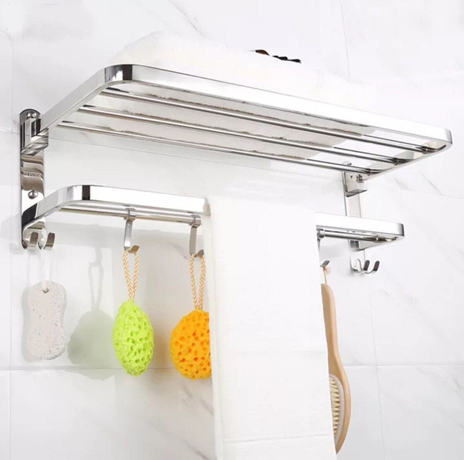 Image of SteelHaven 304 Grade 24 inch Dual Folding Towel Rack /stand for Bathroom /Bathroom Accessories Silver Towel Holder