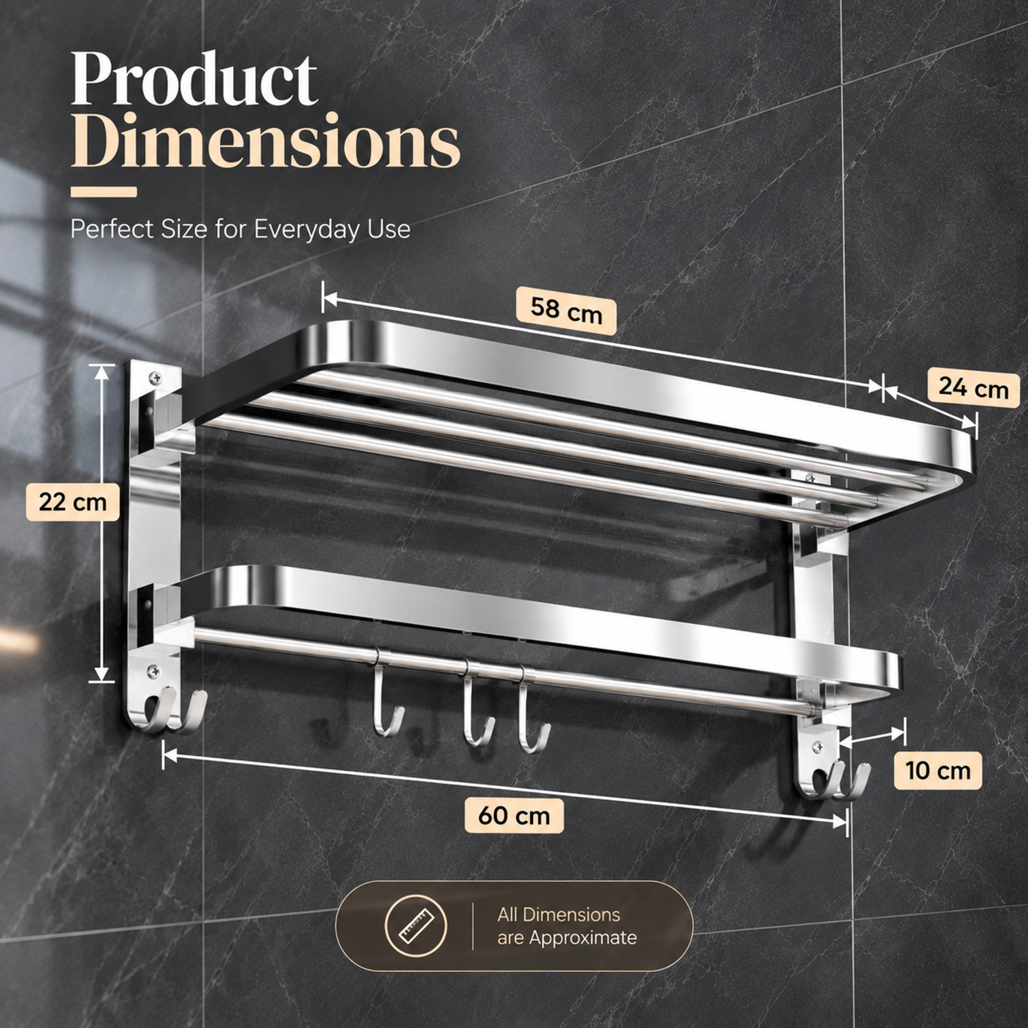 Image of GRIVAN Foldable SS304 Bathroom Towel Hanger with Top Storage Shelf and Hooks | Silver Towel Holder (Stainless Steel)