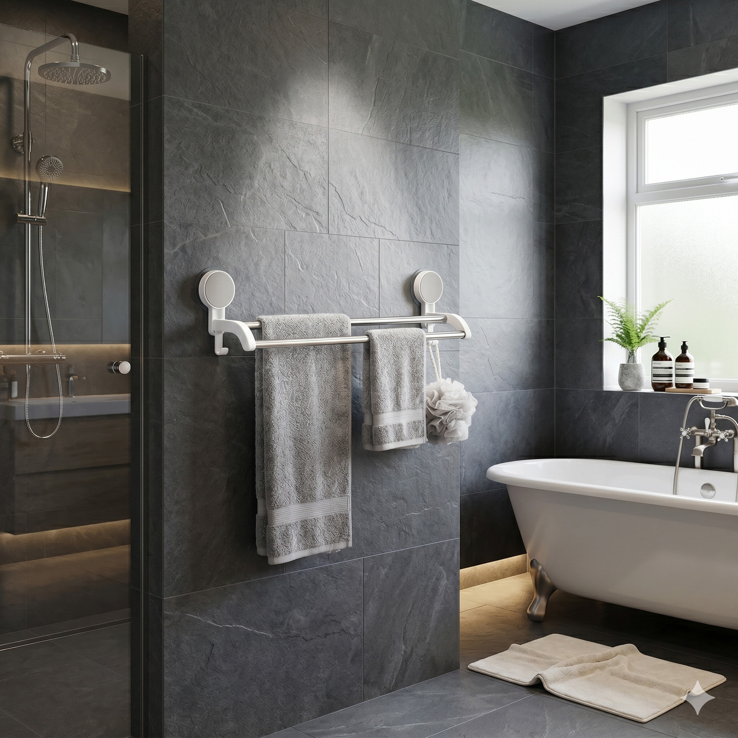 Image of RERAT by RERAT Self-Adhesive Double Towel Bar for Bathroom | No Drill Mounted Towel Rack Premium White & Chrome Grey Towel Holder