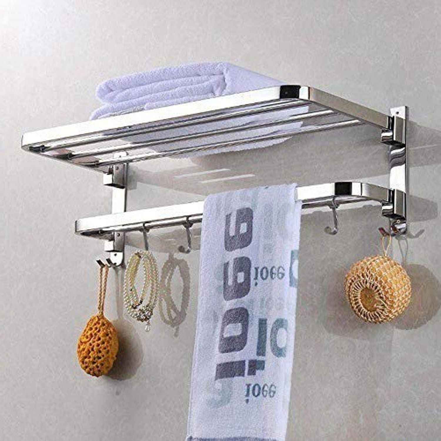 Image of SteelHaven 304 Grade 24 inch Dual Folding Towel Rack /stand for Bathroom /Bathroom Accessories Silver Towel Holder