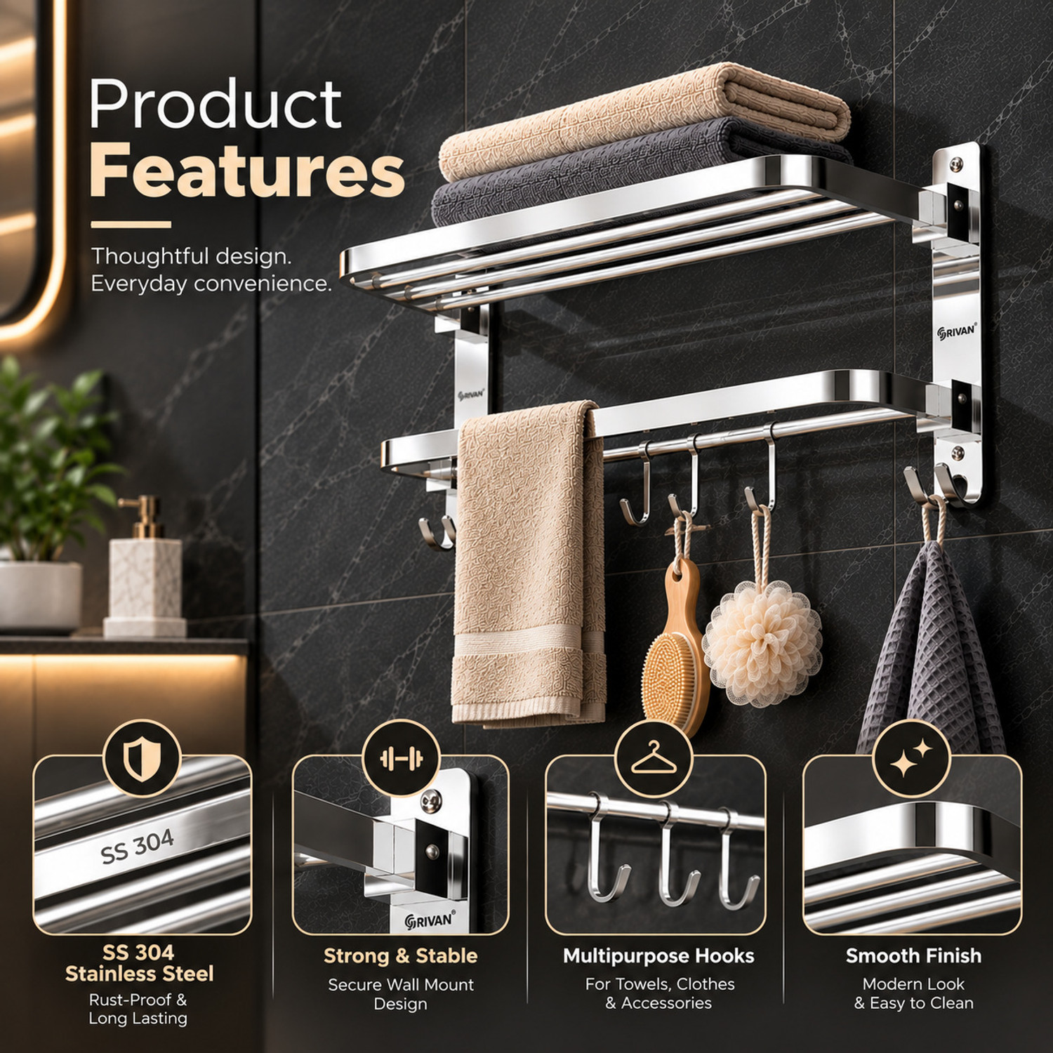 Image of GRIVAN Foldable SS304 Bathroom Towel Hanger with Top Storage Shelf and Hooks | Silver Towel Holder (Stainless Steel)