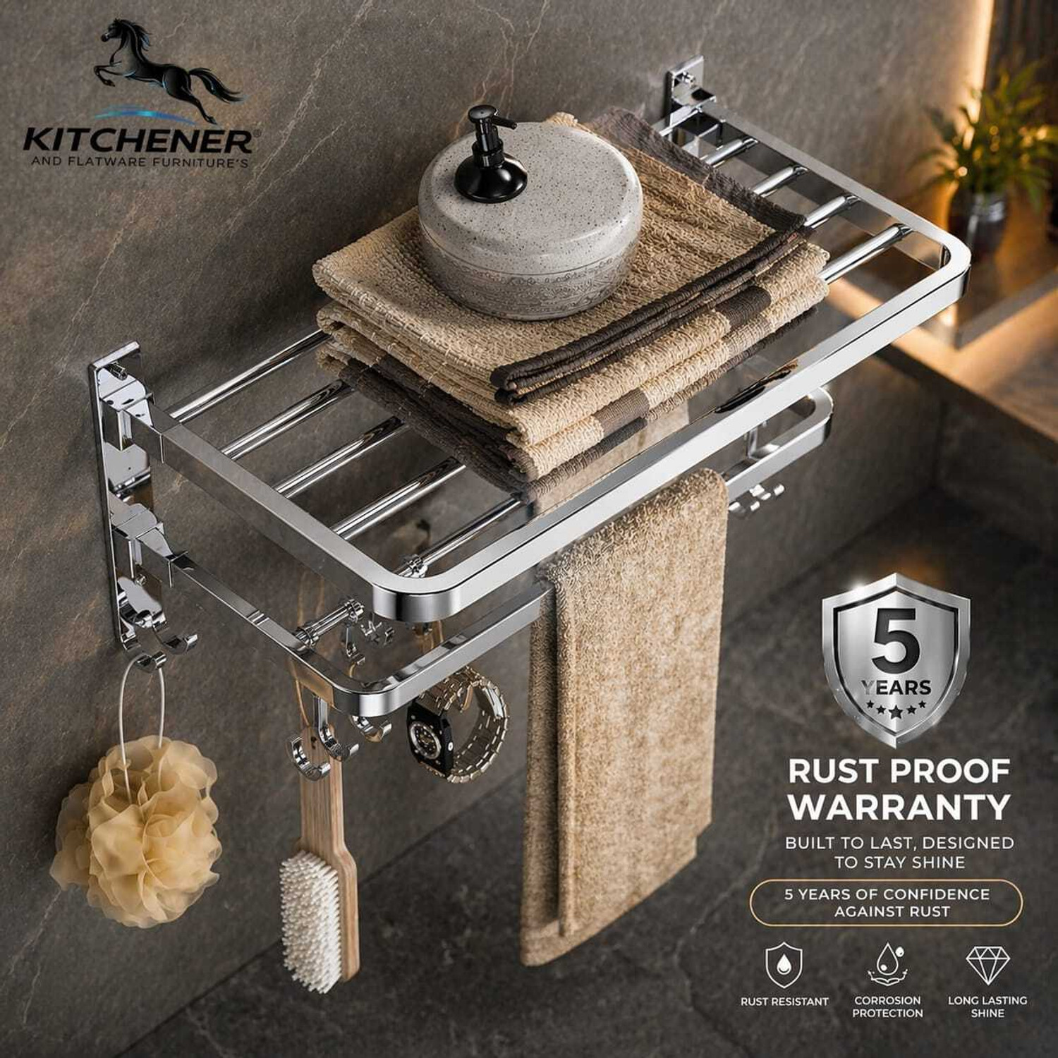 Image of Kitchener 24 Inch Stainless Steel Folding Towel Rack Wall Mounted Bathroom Stand Silver Towel Holder