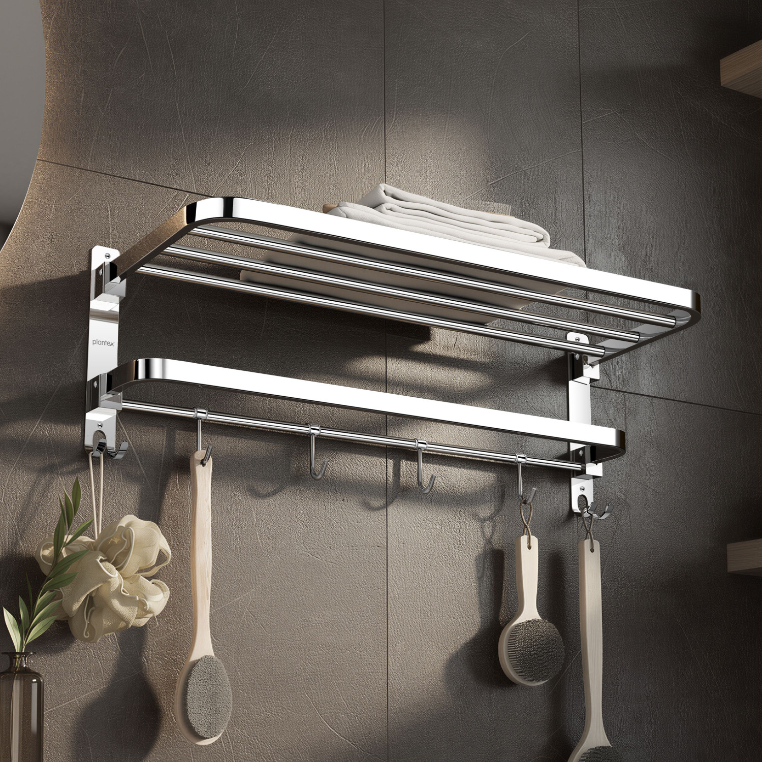 Image of Plantex Towel Rack for Bathroom /Towel Bar /24Inch Towel Holder with Towel Rod /Towel Stand Silver Towel Holder