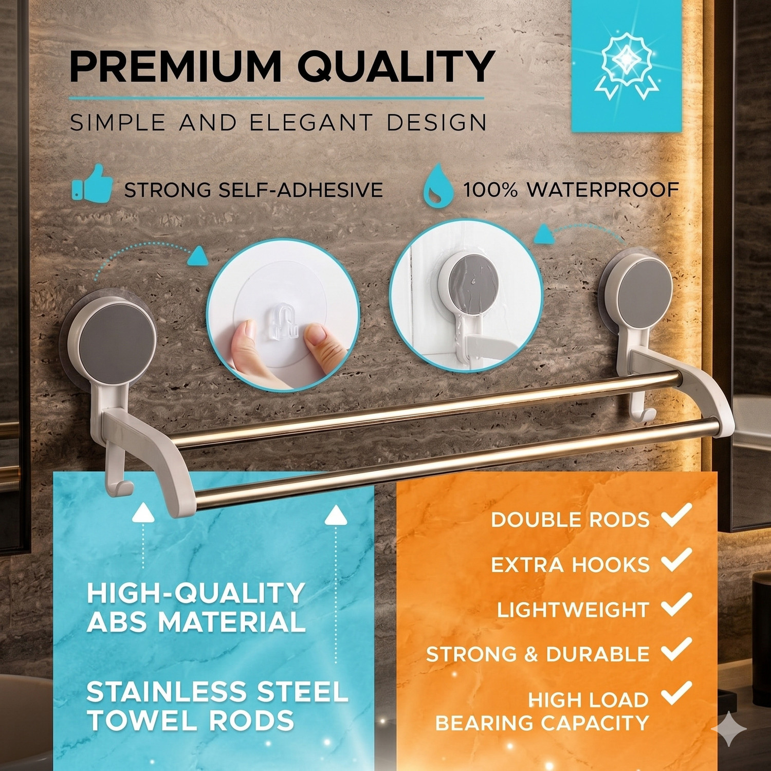 Image of RERAT by RERAT Self-Adhesive Double Towel Bar for Bathroom | No Drill Mounted Towel Rack Premium White & Chrome Grey Towel Holder