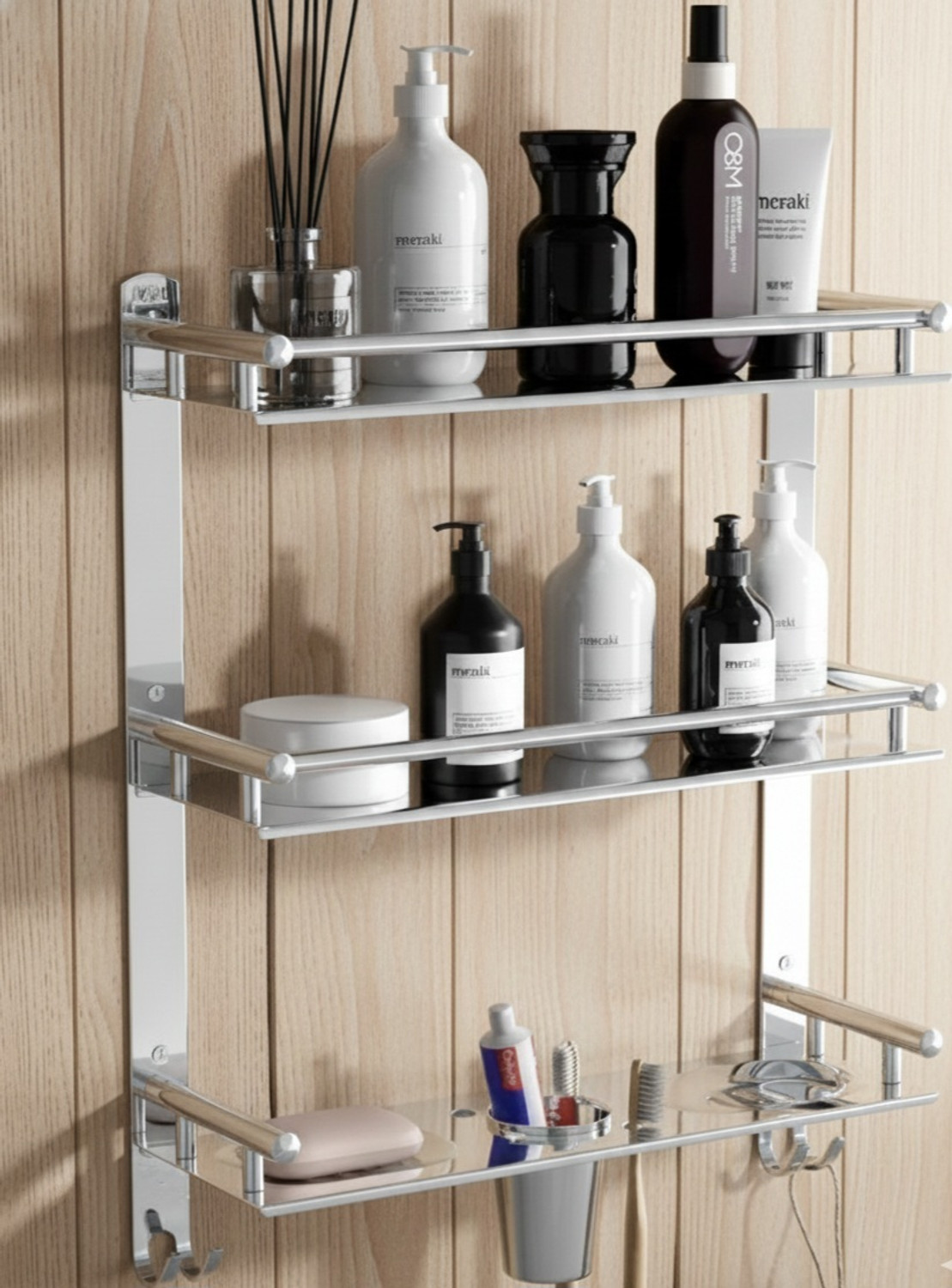 Image of Anju 3 Layer Multipurpose Bathroom Shelf with Double Soap Dish and Tumbler 39 inch 3 Bar Towel Rod