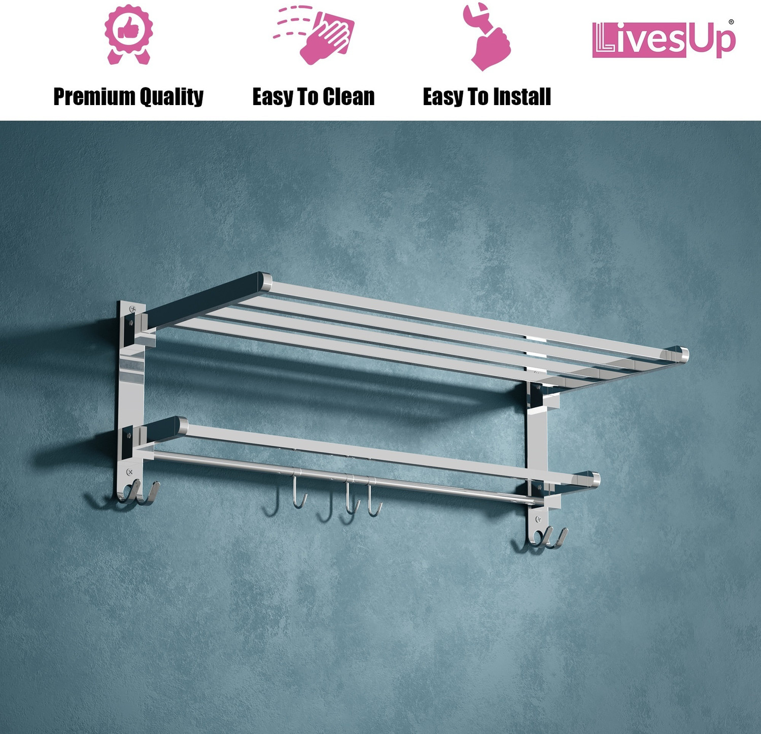 Image of LivesUp Folding Rack for /Stand /Hanger /Bathroom Accessories 24 inch 2 Bar Towel Rod