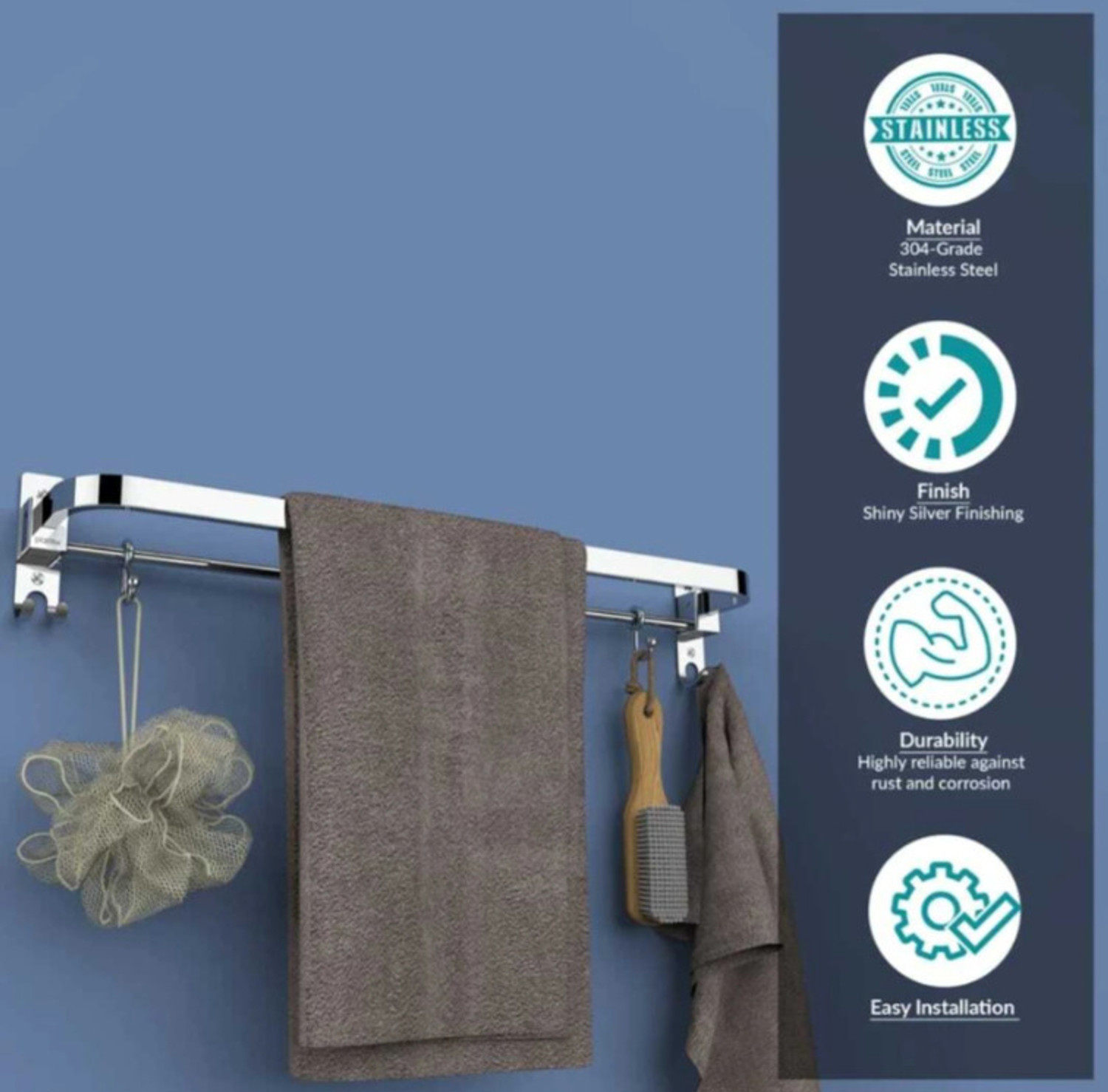 Image of Character Anti Rust 304 Folding Rod with Hooks, Towel Rack,Towel Bar 24 inch 1 Bar Towel Rod