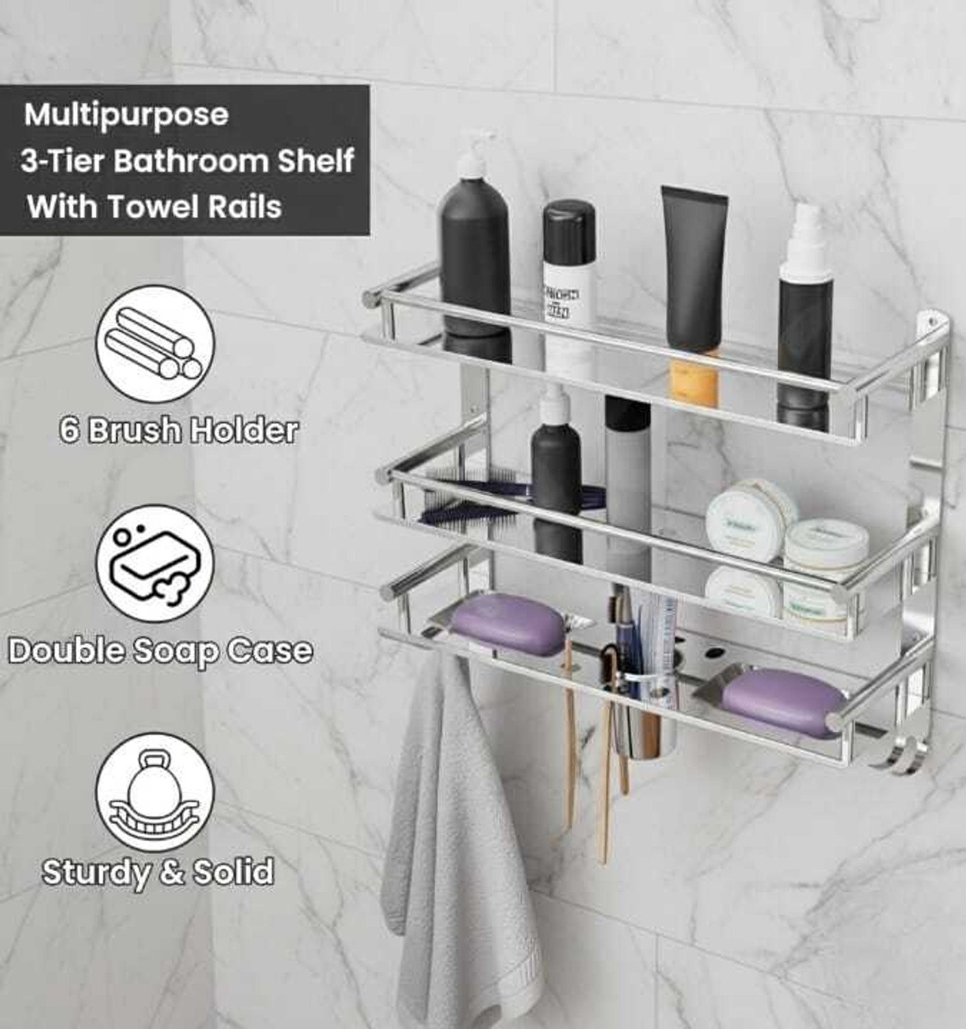 Image of Anju 3 Layer Multipurpose Bathroom Shelf with Double Soap Dish and Tumbler 39 inch 3 Bar Towel Rod