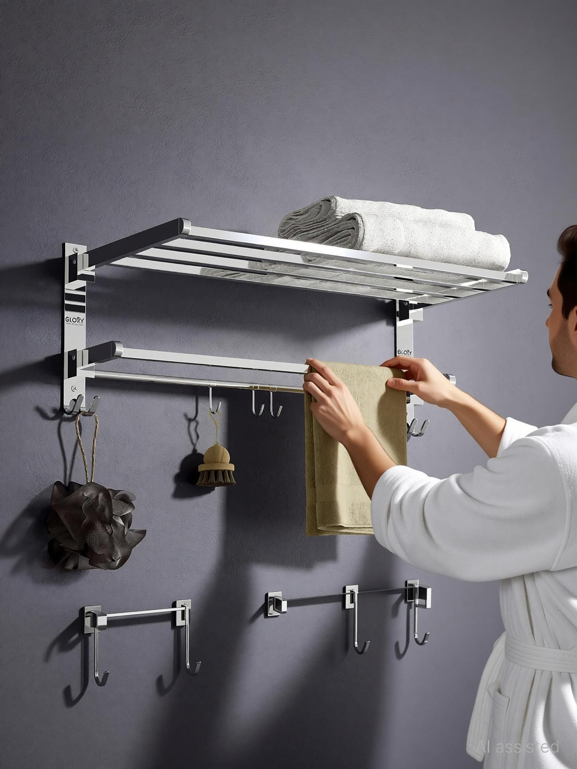 Image of GLOXY GLOXY Folding Rack for Bathroom /Stand /Hanger /Bathroom Accessories Silver 23 inch 1 Bar Towel Rod