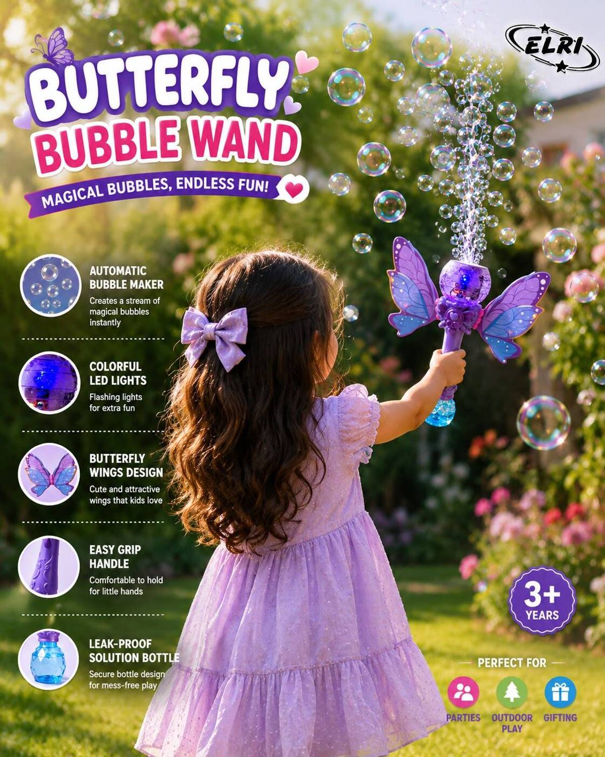 ELRI Butterfly Bubble Wand Toy Bubble Maker - Image 3