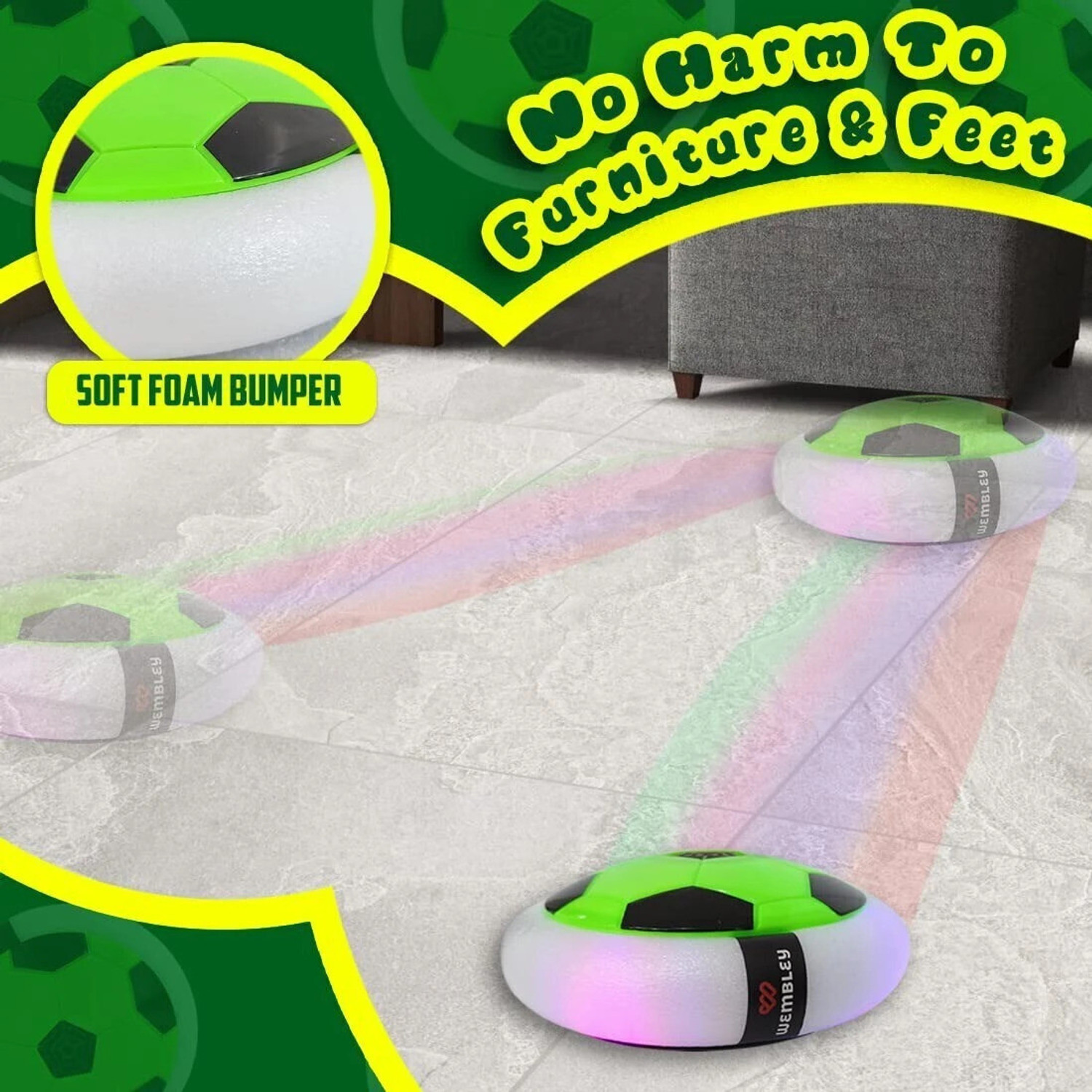 Image of Wembley USB Rechageable Hover Ball Indoor Football Soccer Game With Colorful LED (Green) Hoverball