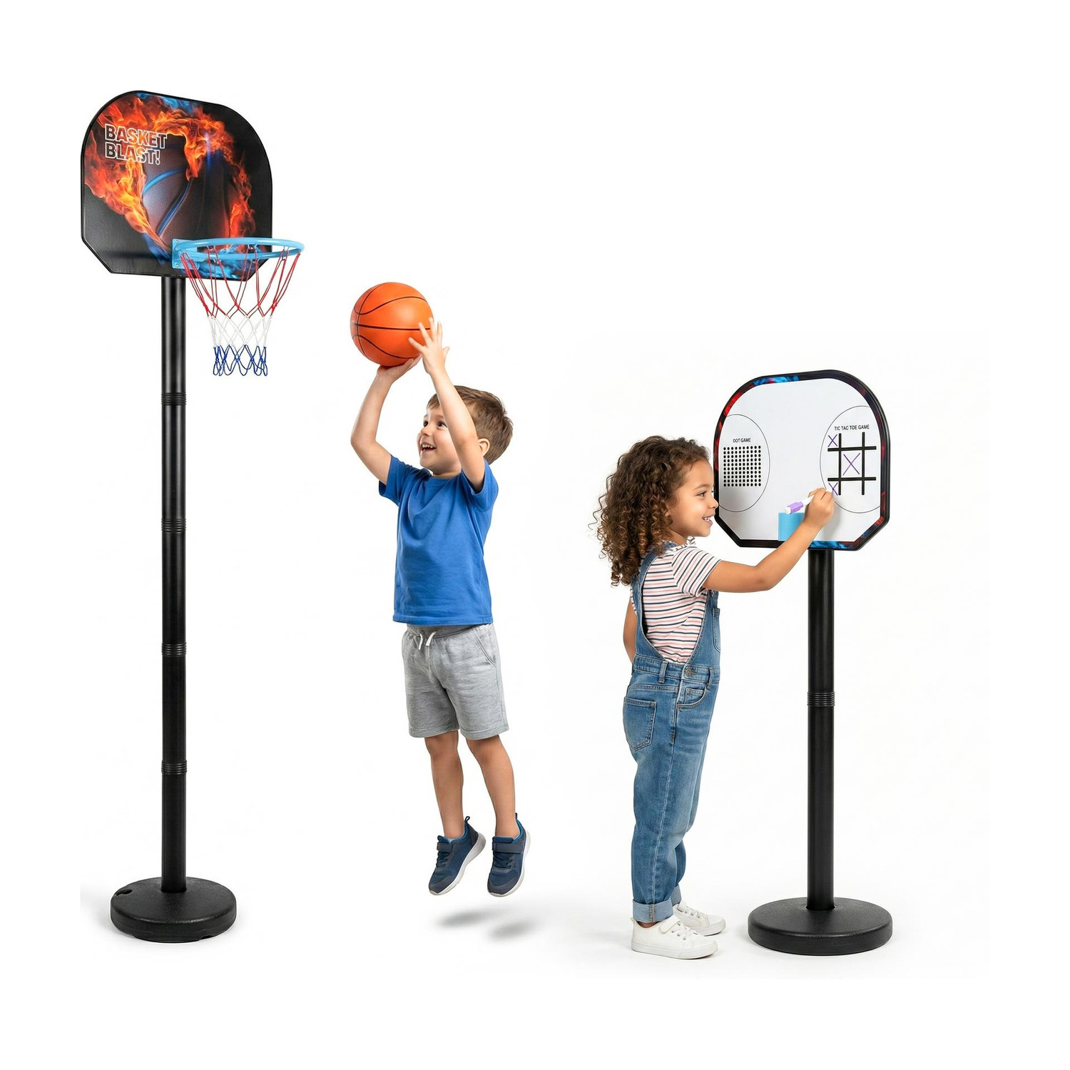 Kidsmate 3-in-1 Basketball Set for Kids, Adjustable Height Basketball Stand, Tic Tac Toe Basketball
