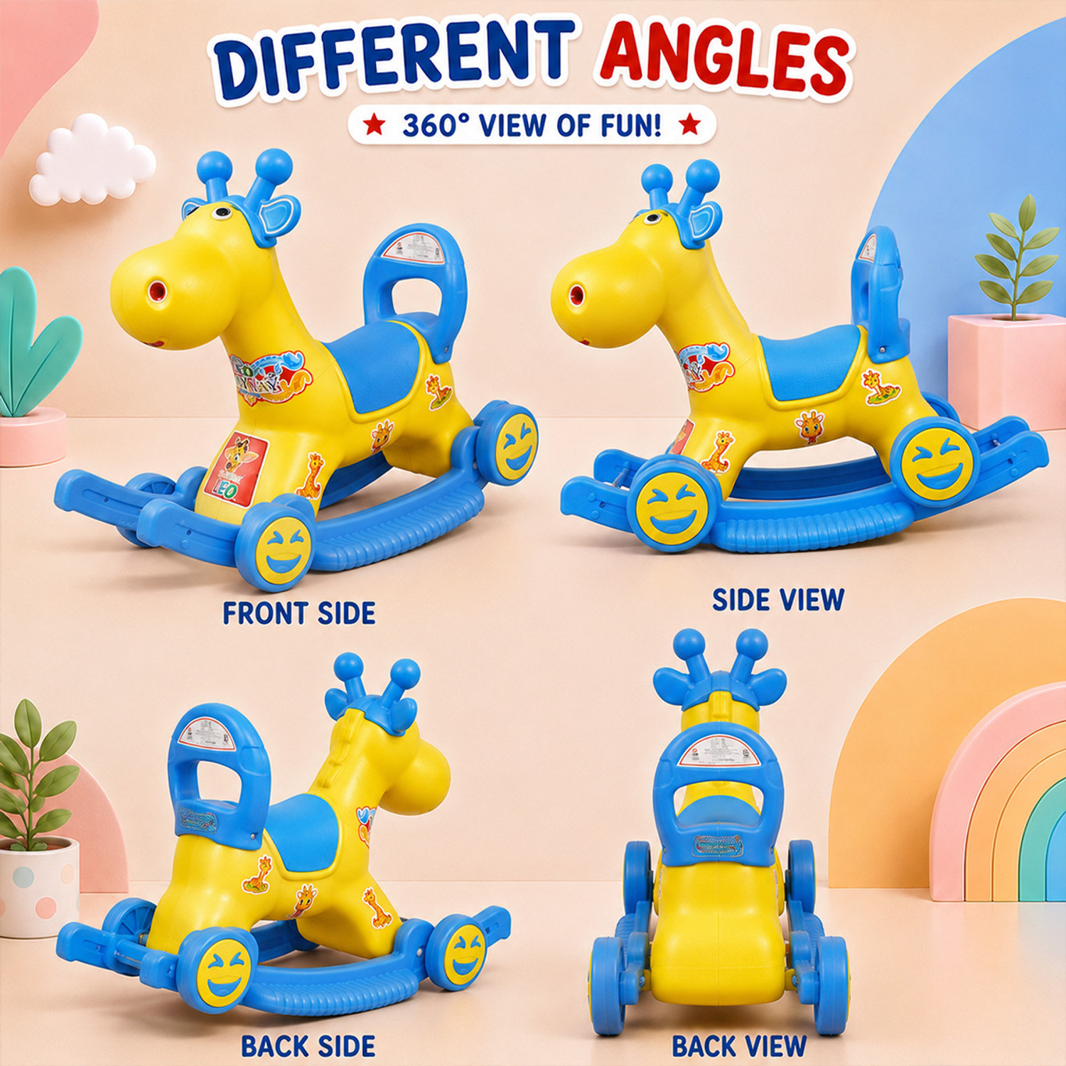 Image of Kiddy Nation Leo 2-in-1 RideOn & Rocker Giraffe Toy for Kids | Manual Push Ride & Rocking Toy Leo 2-in-1 RideOn & Rocker Giraffe Toy for Kids | Manual Push Ride & Rocking Toy Tricycle (Yellow, Blue)