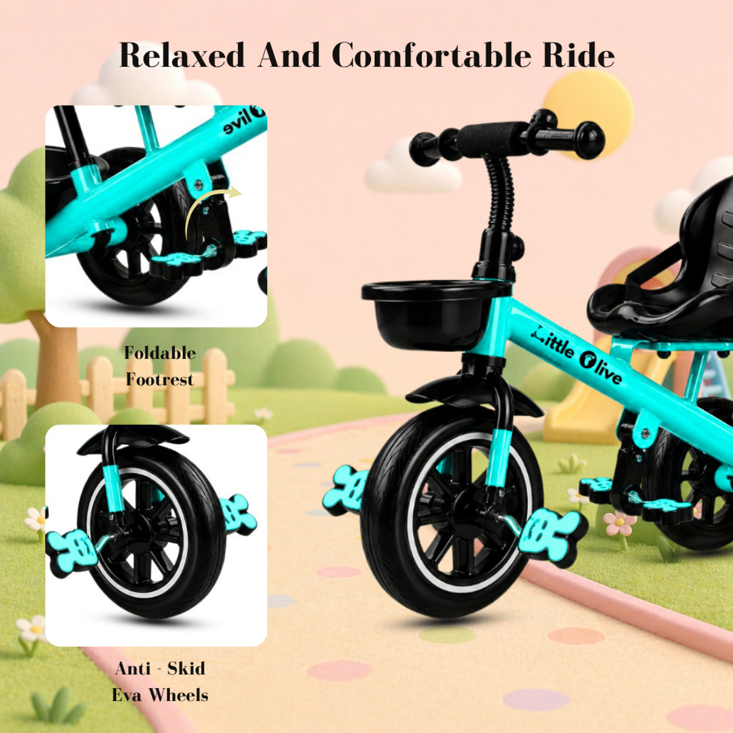 Image of Little Olive Premium Kids Tricycle with Parent Handle, Safety Belt & Storage Basket Tricycle