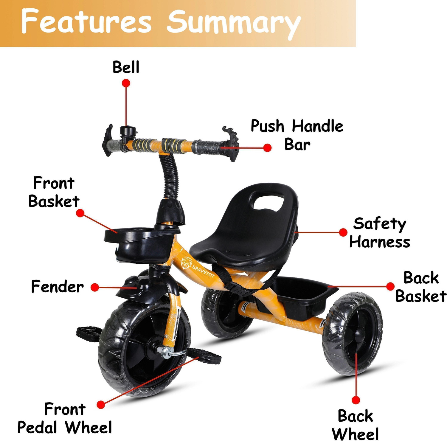 Image of BRAVETOT Kids Tricycle with Back Basket & Safety Belt for Toddlers YELLOW BASKET MODEL 03 Tricycle