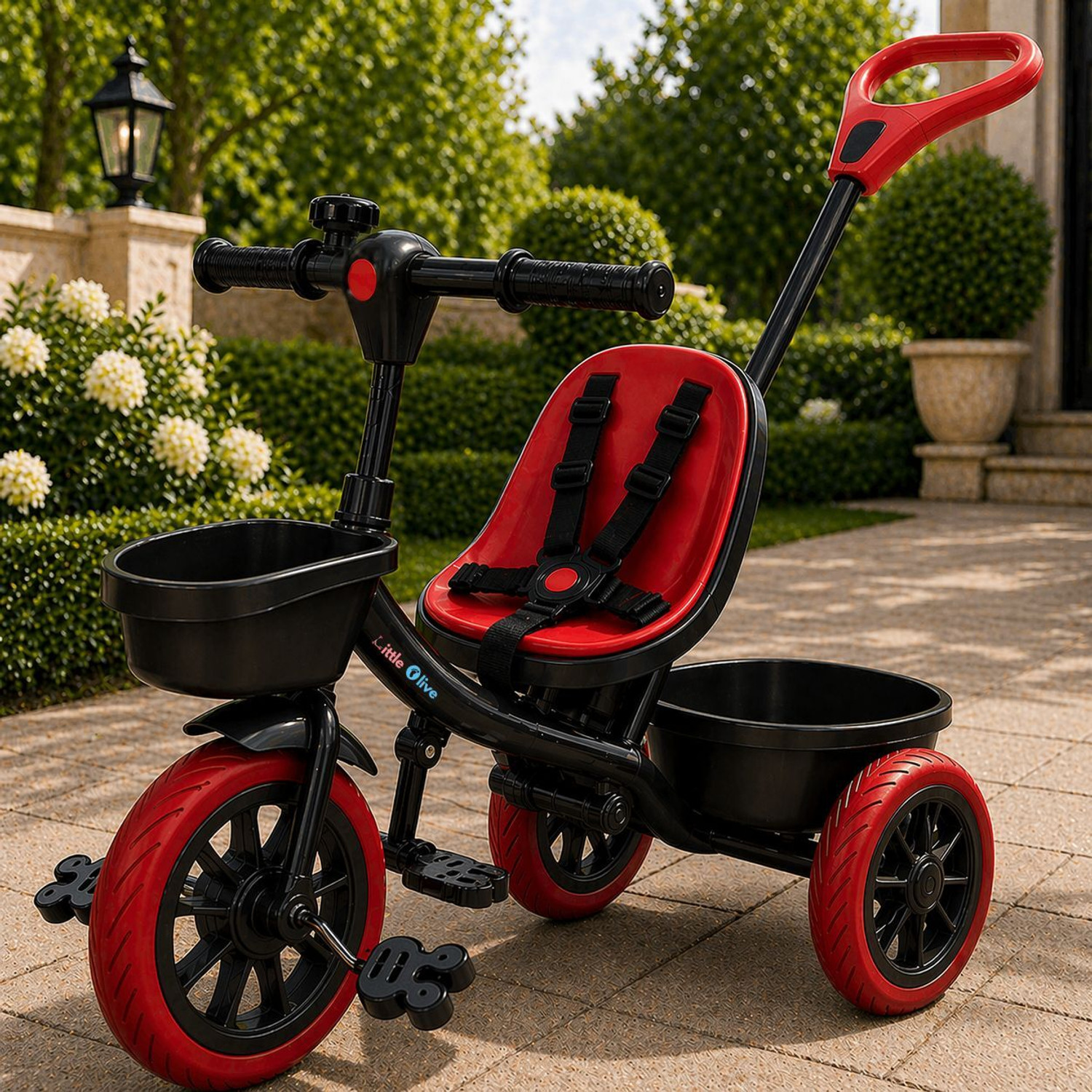 Image of Little Olive Kids Tricycle with Parent Handle, Safety Harness, Storage Basket & Wide Wheels Tricycle