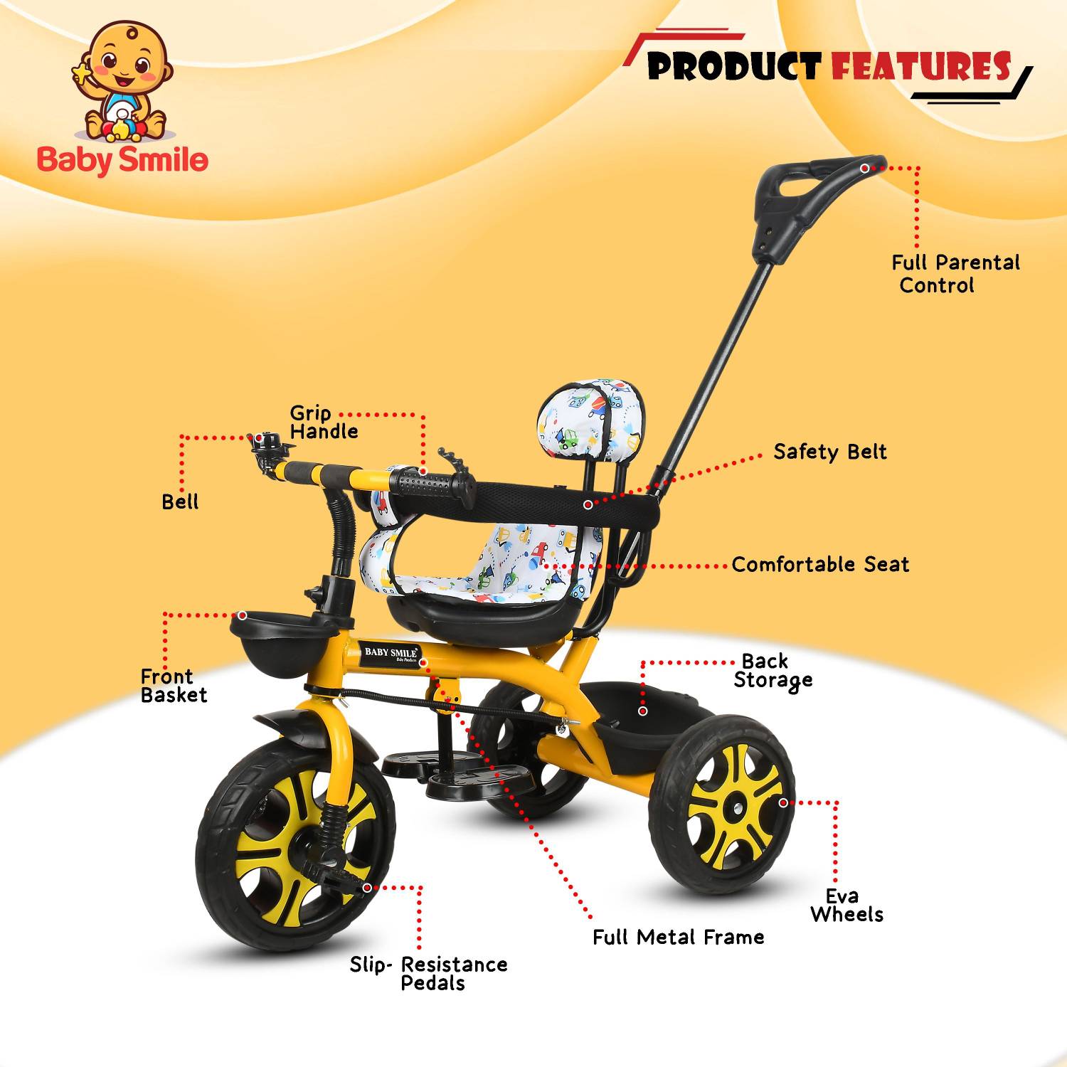Baby Smile Tricycle with Parental Handle |cycle 2 to 5 yeas and