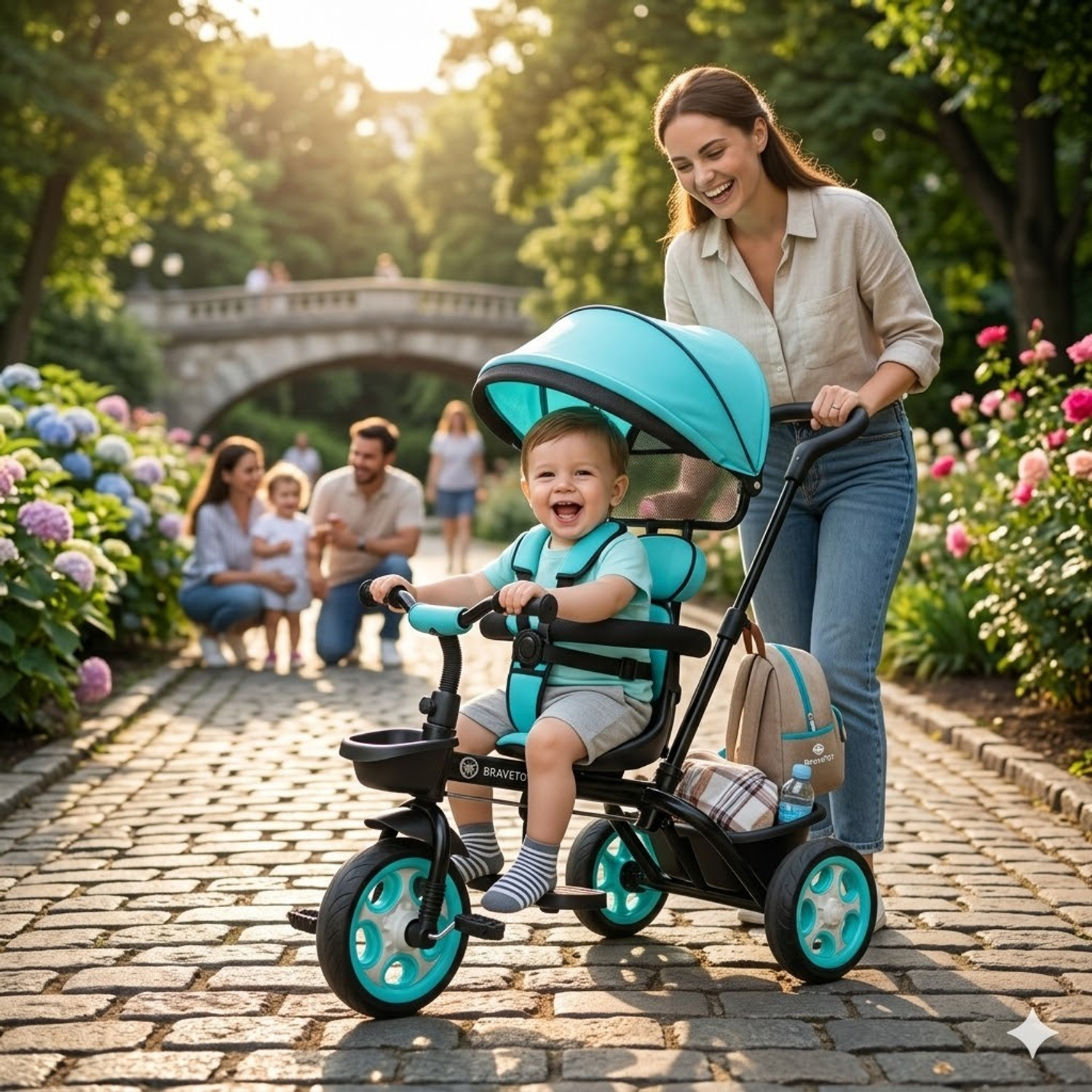 BRAVETOT Tricycle Stroller with Adjustable Push Handle, Folding Canopy, Safety Guardrail BLACK BASKET CANOPY MODEL 01 Tricycle