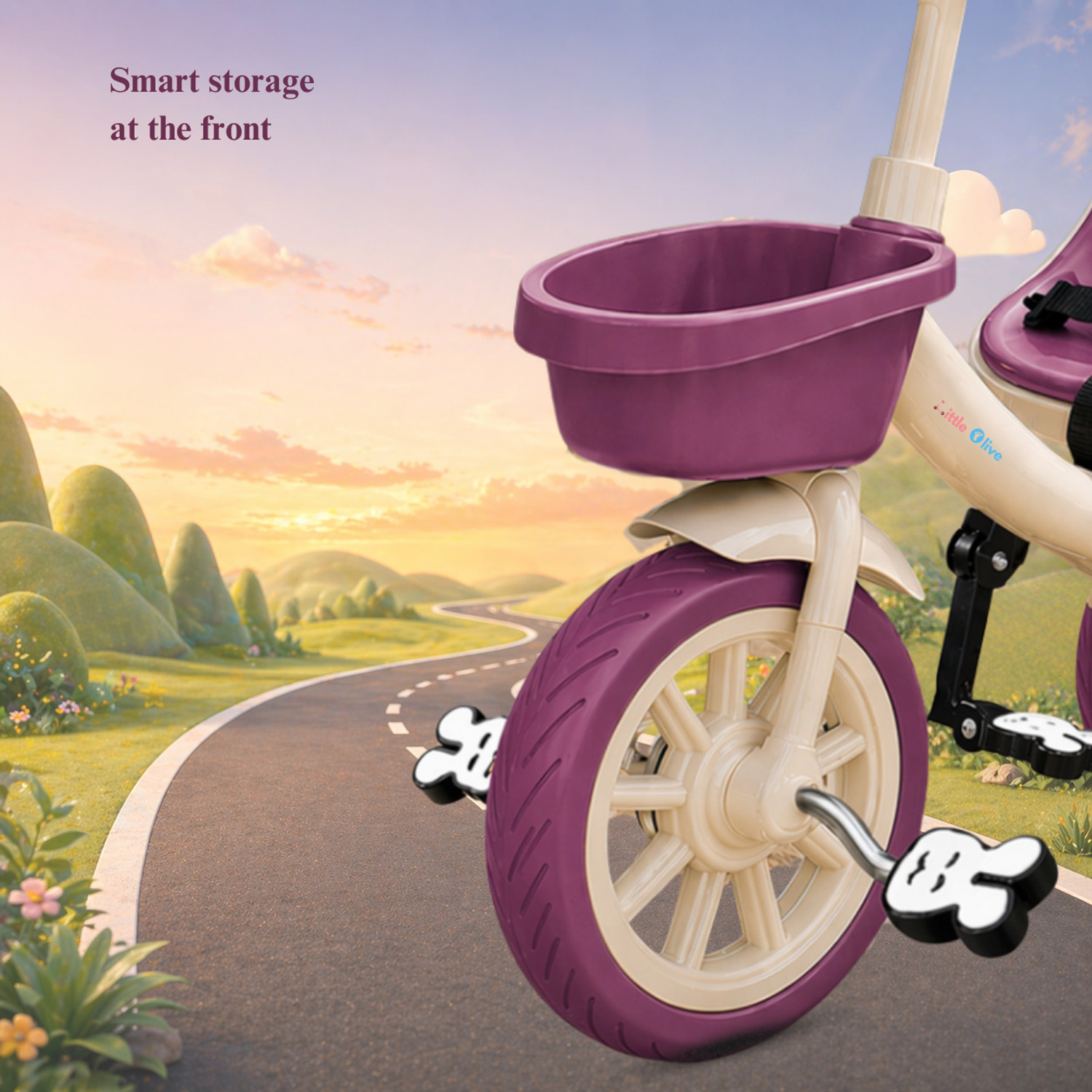 Image of Little Olive Kids Tricycle with Parent Handle, Safety Harness, Storage Basket & Wide Wheels Tricycle