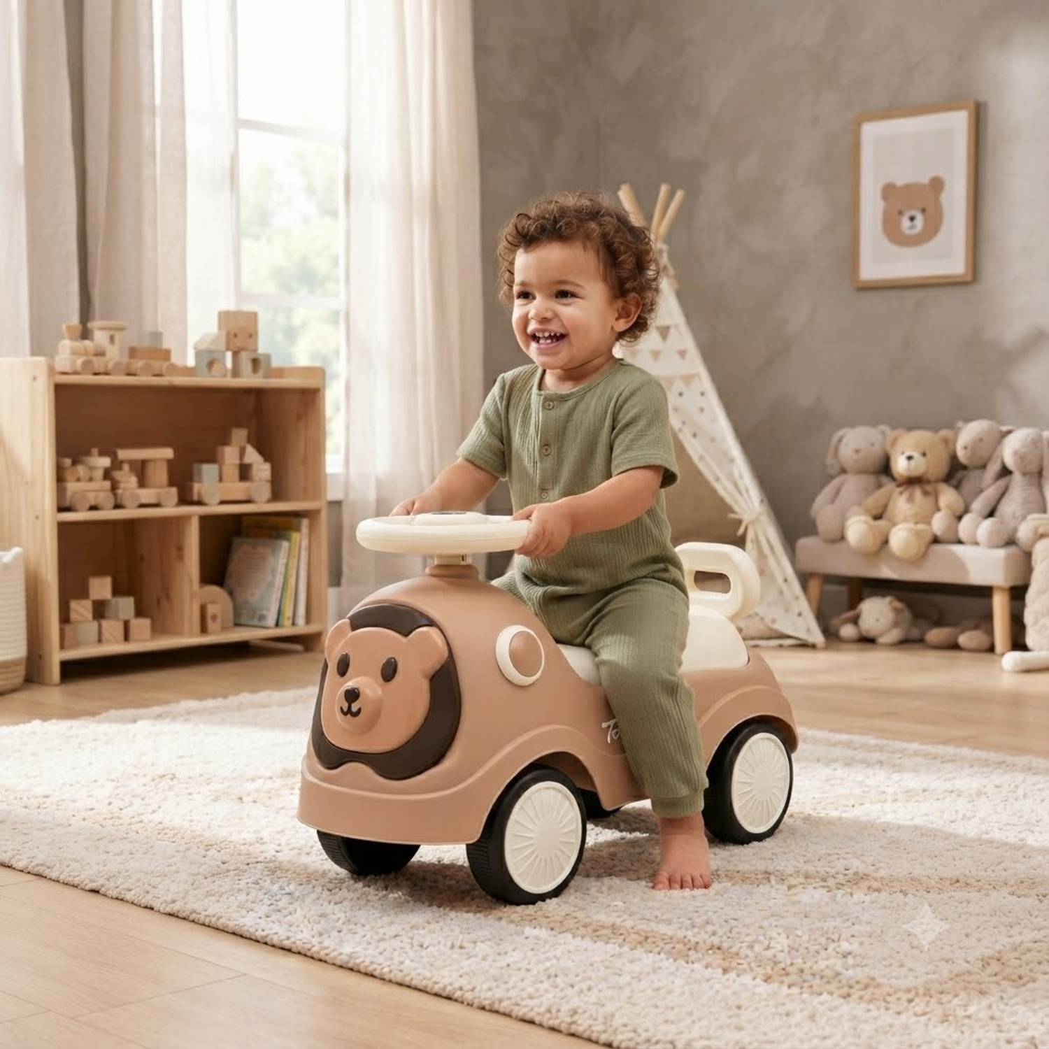 BRAVETOT Teddy Kids Ride-On Car with Steering Wheel and Backrest Support BLACK BASKET CANOPY MODEL 01 Premium NEW Tricycle