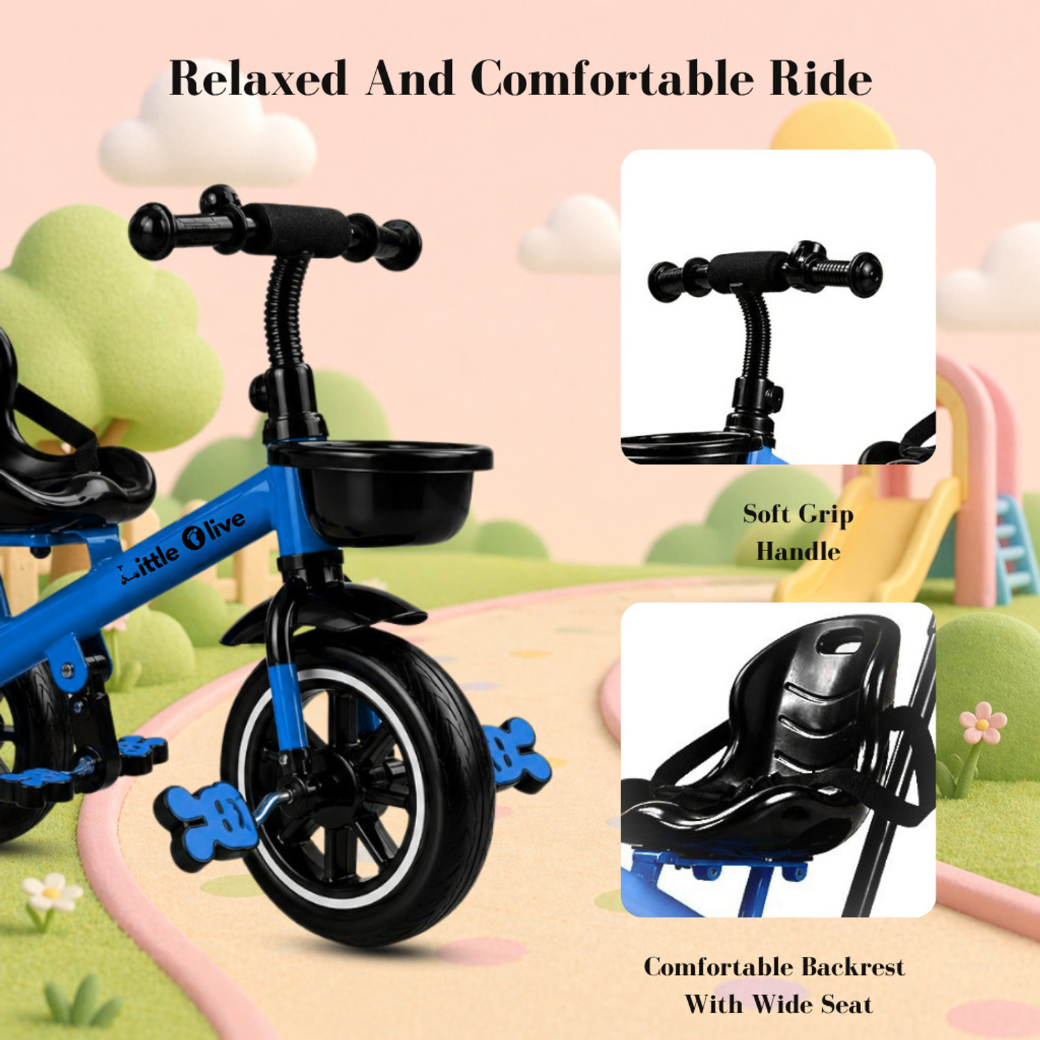 Image of Little Olive Premium Kids Tricycle with Parent Handle, Safety Belt & Storage Basket Tricycle