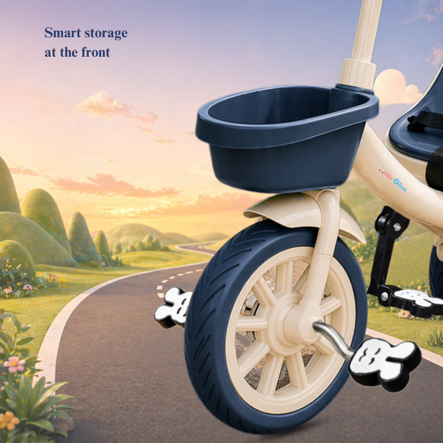 Image of Little Olive Kids Tricycle with Parent Handle, Safety Harness, Storage Basket & Wide Wheels Tricycle