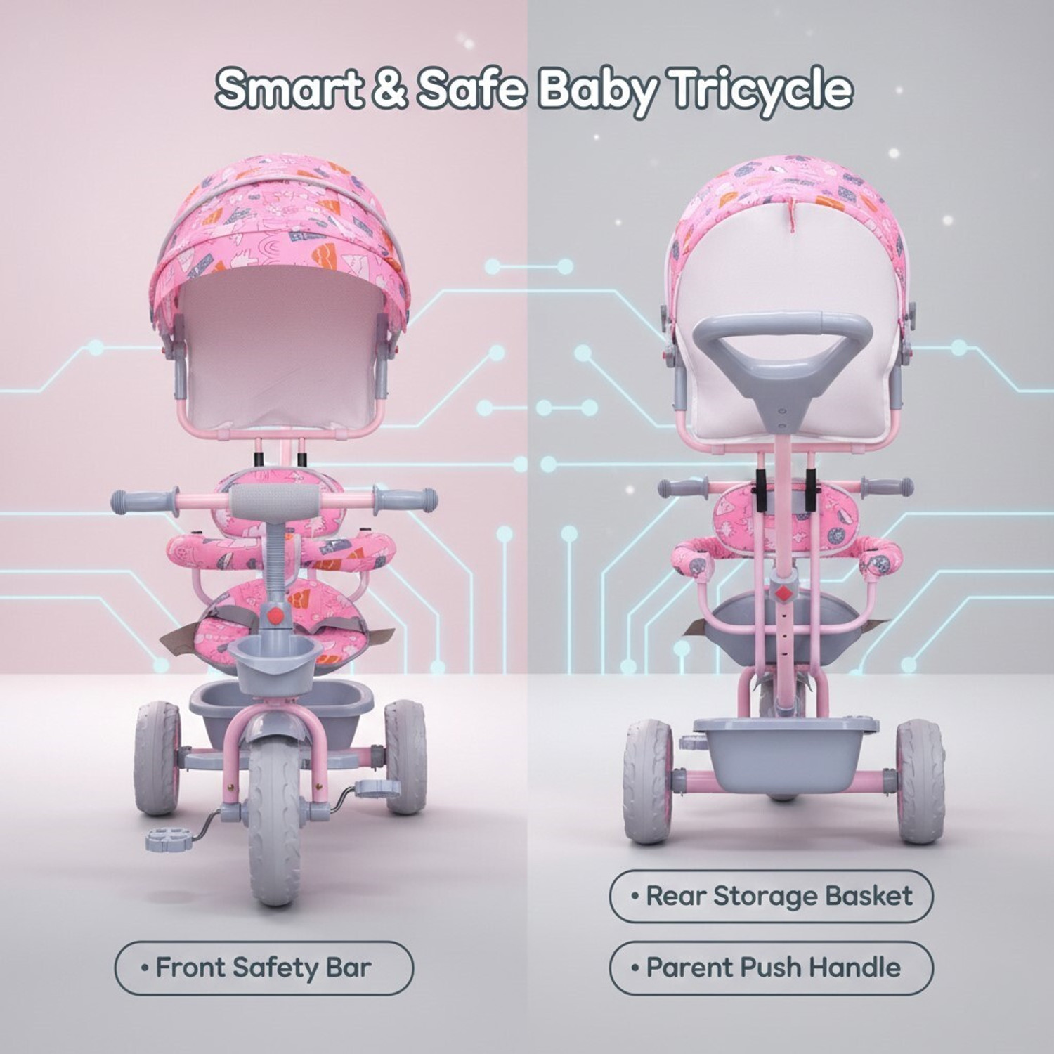 Image of NEXOVA COMFORTABLE SEAT FOR BABY BOYS&BABY GIRLS Tricycle TRICYCLE PREMIUM WITH CANOPY STAROGE BASKET Tricycle (Pink)