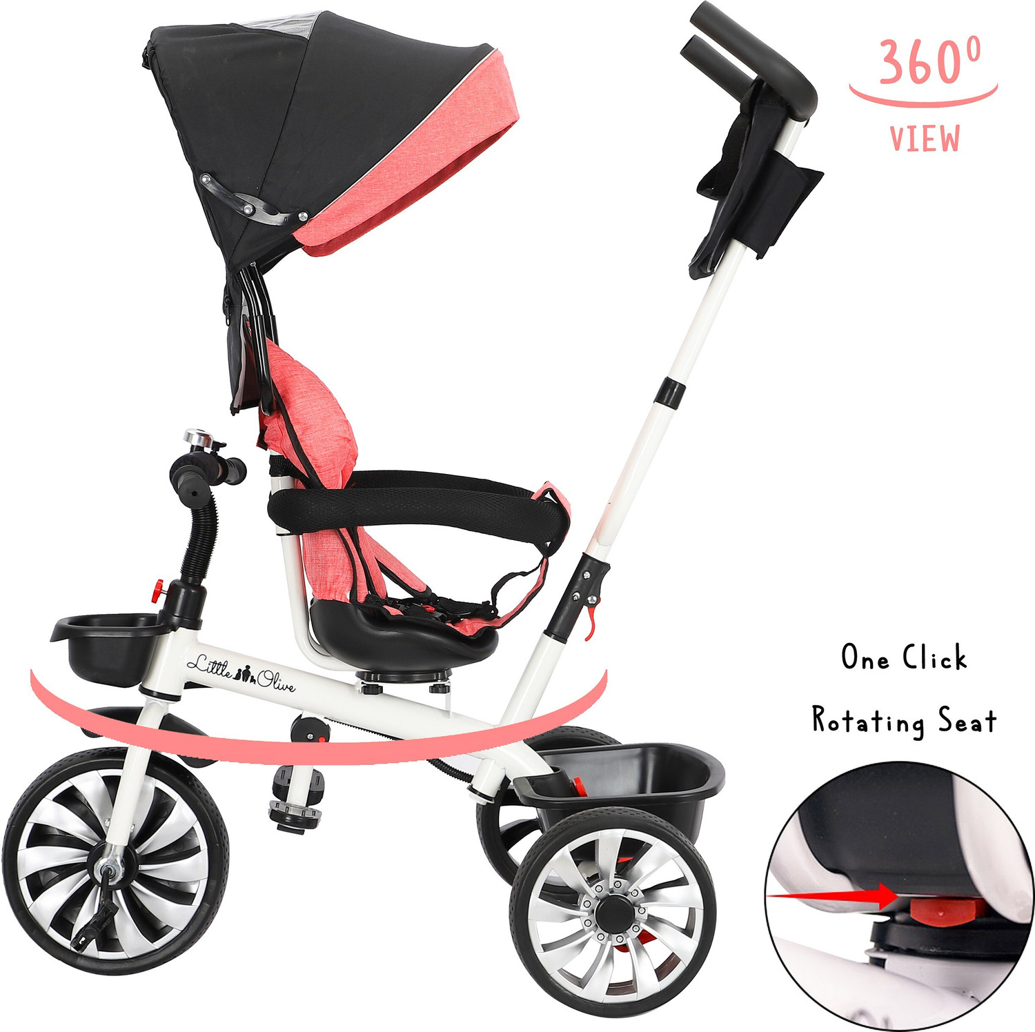 Image of Little Olive Roller Coaster Tricycle - Pink Baby Carriage / Baby for Kids Canopy Push Bar Foot Rest Rotating Seat Tricycle