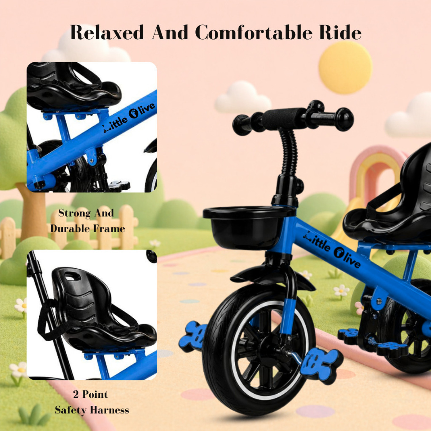 Image of Little Olive Premium Kids Tricycle with Parent Handle, Safety Belt & Storage Basket Tricycle