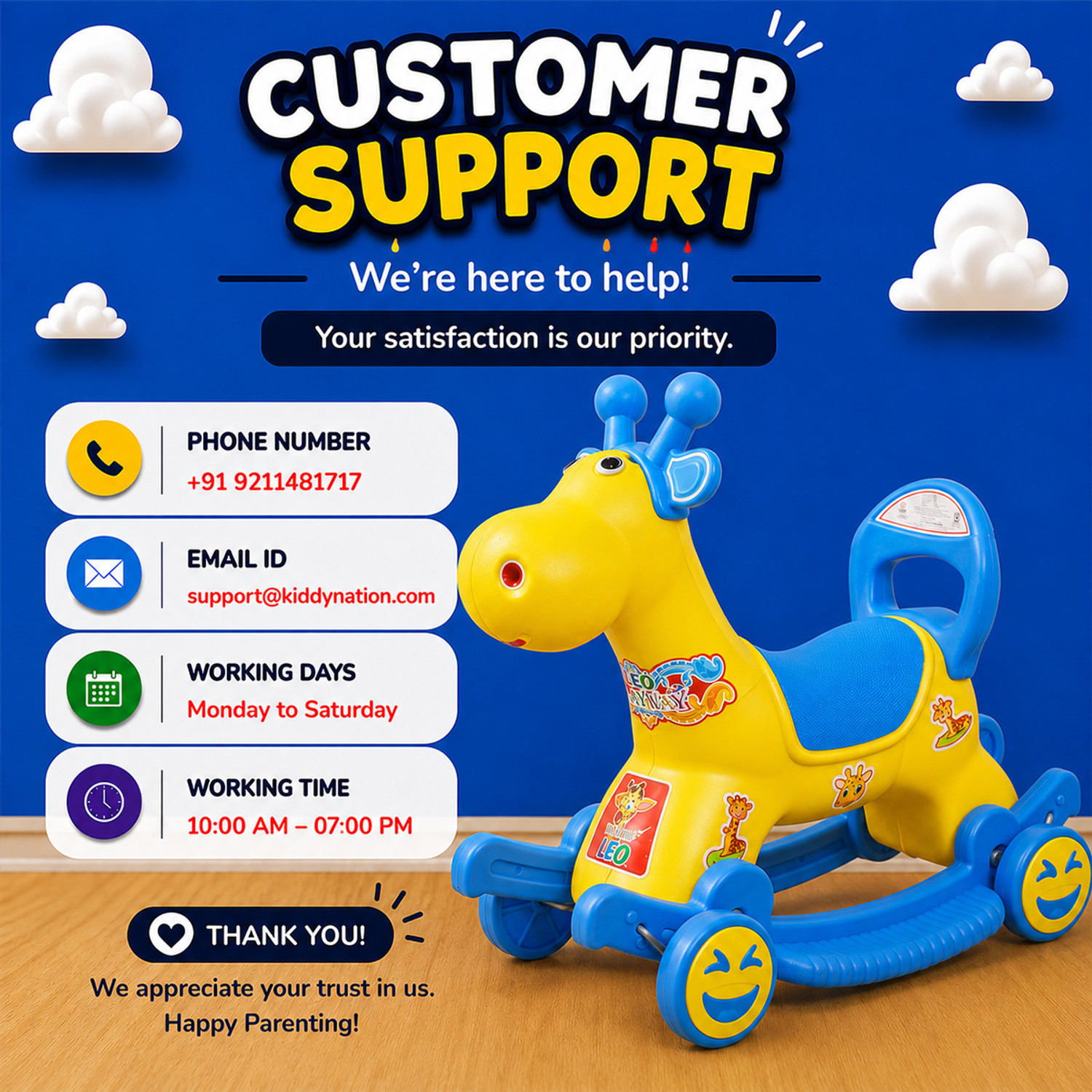 Image of Kiddy Nation Leo 2-in-1 RideOn & Rocker Giraffe Toy for Kids | Manual Push Ride & Rocking Toy Leo 2-in-1 RideOn & Rocker Giraffe Toy for Kids | Manual Push Ride & Rocking Toy Tricycle (Yellow, Blue)