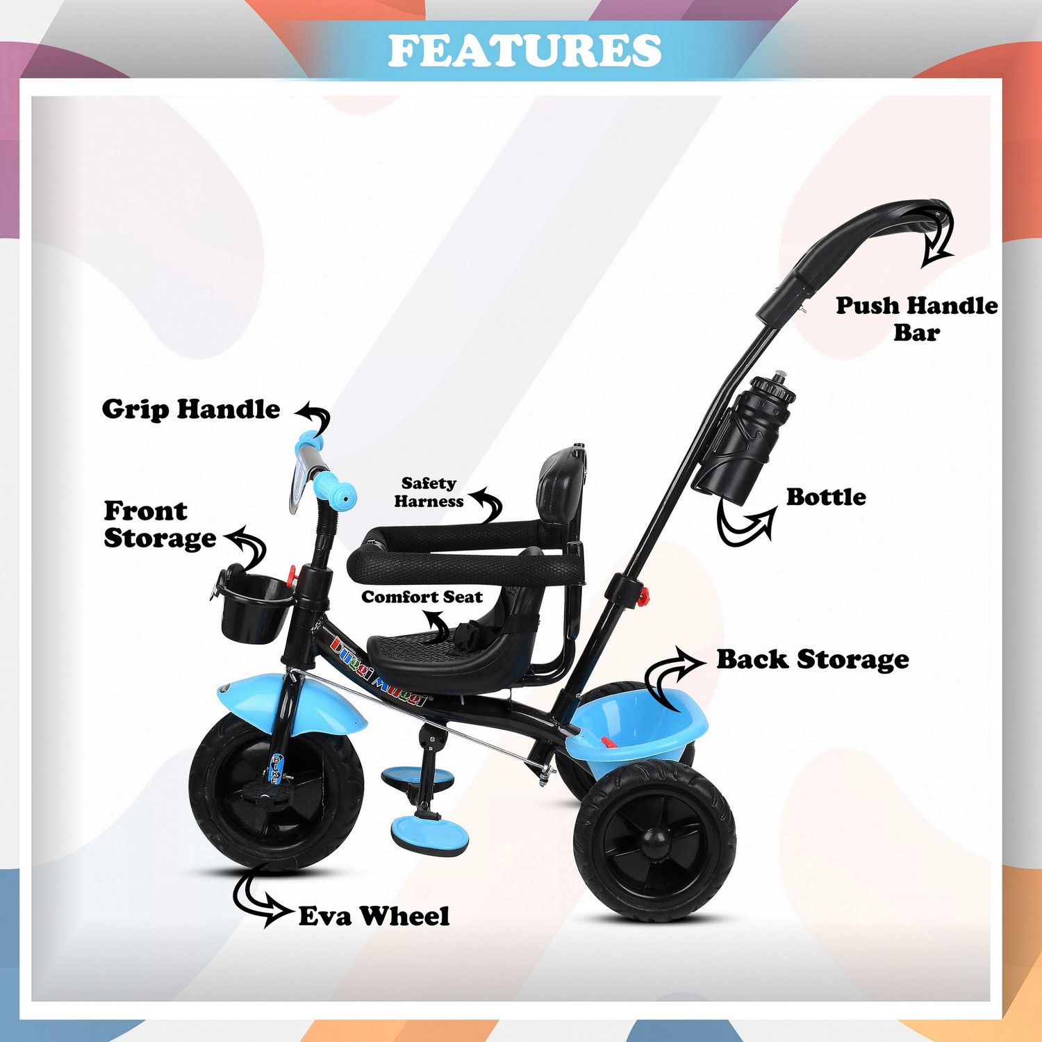 Image of Dugri Parental Handle with Front-Back Basket for Storage Best Kids N-5 Tricycle Baby Boys-Baby Girls Tricycle Tricycle