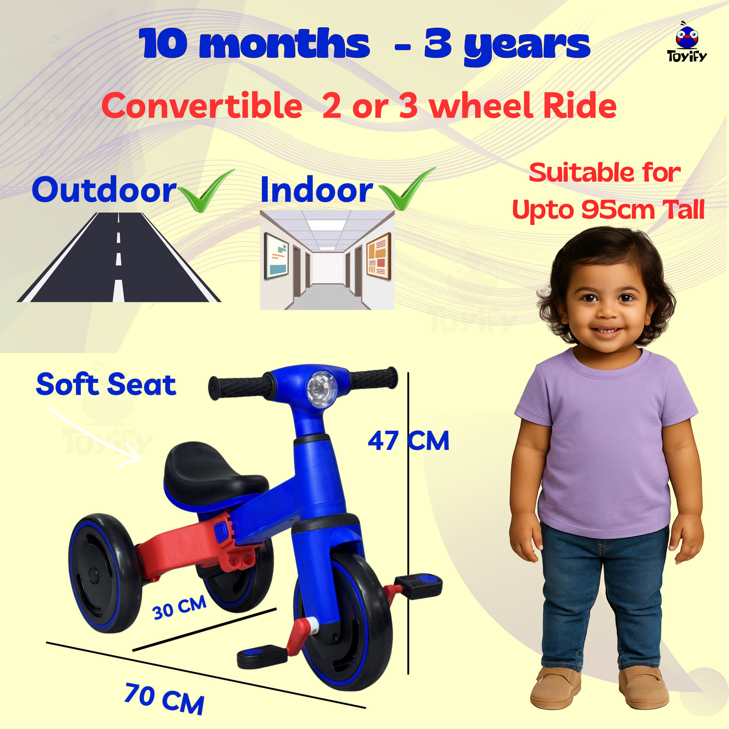 Image of Toyify 3-in-1 Toddler Tricycle | Convertible Baby Cycle with Pedals Balance Bike & Trike for Kids 1-3 Years | Indoor & Outdoor | Non-Slip Wheels Tricycle
