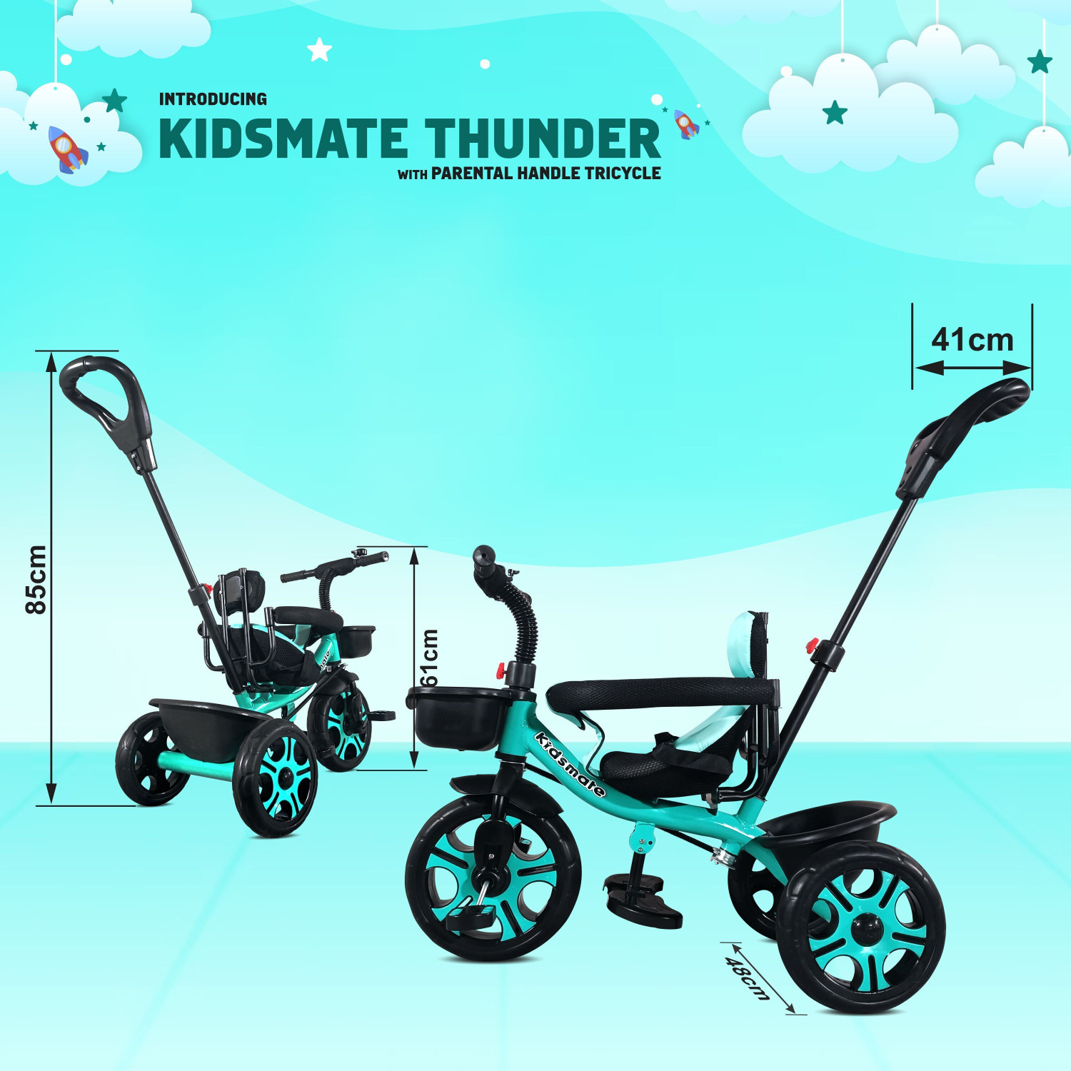 Image of Kidsmate Thunder Plug N Play Kids /Baby Tricycle with Safety Guard Rail and Parental Control with Seat Belt for 12 Months to 48 Months Boys /Girls /Carrying Tricycle
