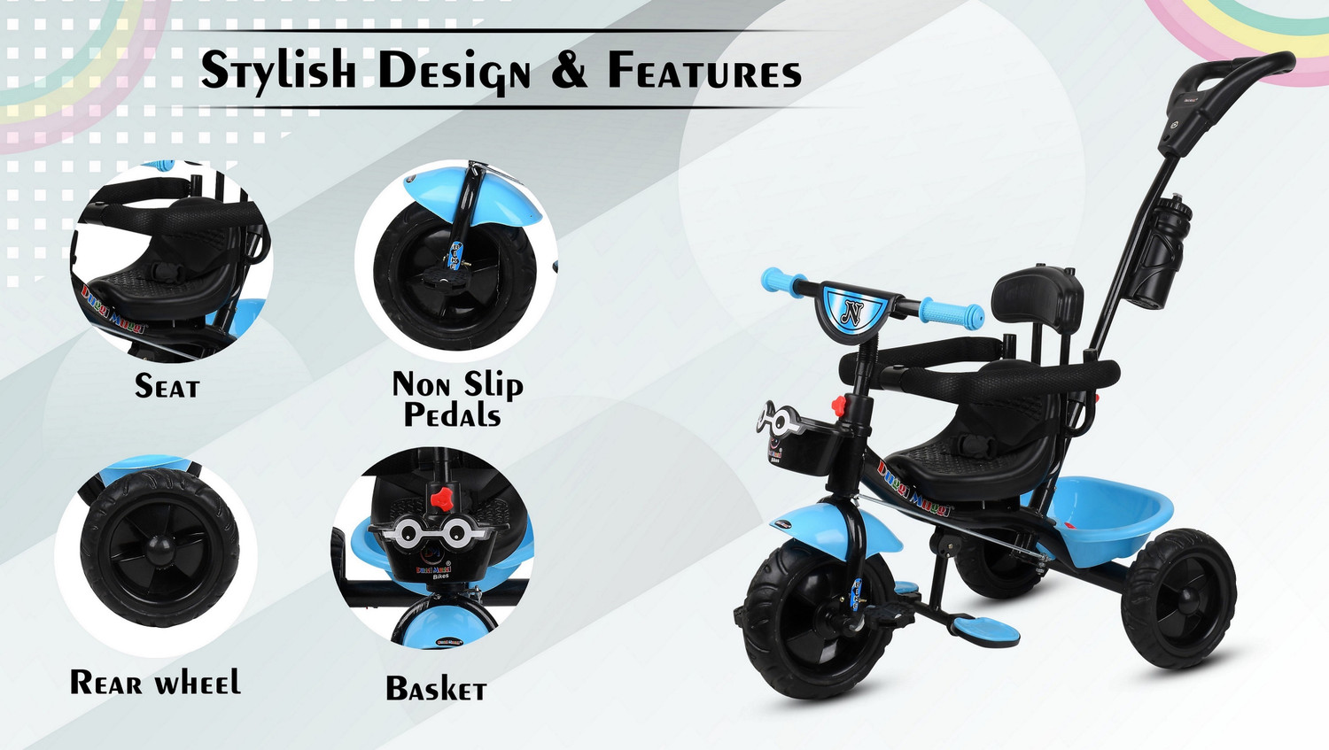 Image of Dugri Parental Handle with Front-Back Basket for Storage Best Kids N-5 Tricycle Baby Boys-Baby Girls Tricycle Tricycle