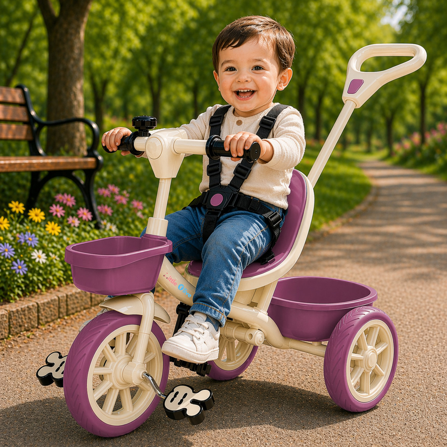 Image of Little Olive Kids Tricycle with Parent Handle, Safety Harness, Storage Basket & Wide Wheels Tricycle