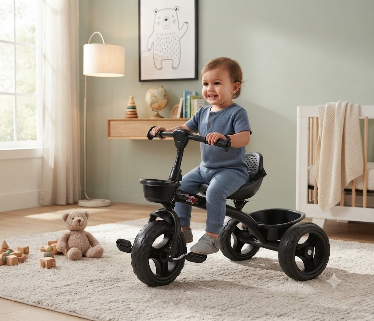 Image of BRAVETOT Kids Tricycle with Back Basket & Safety Belt for Toddlers BLACK BASKET MODEL 01 Premium NEW Tricycle