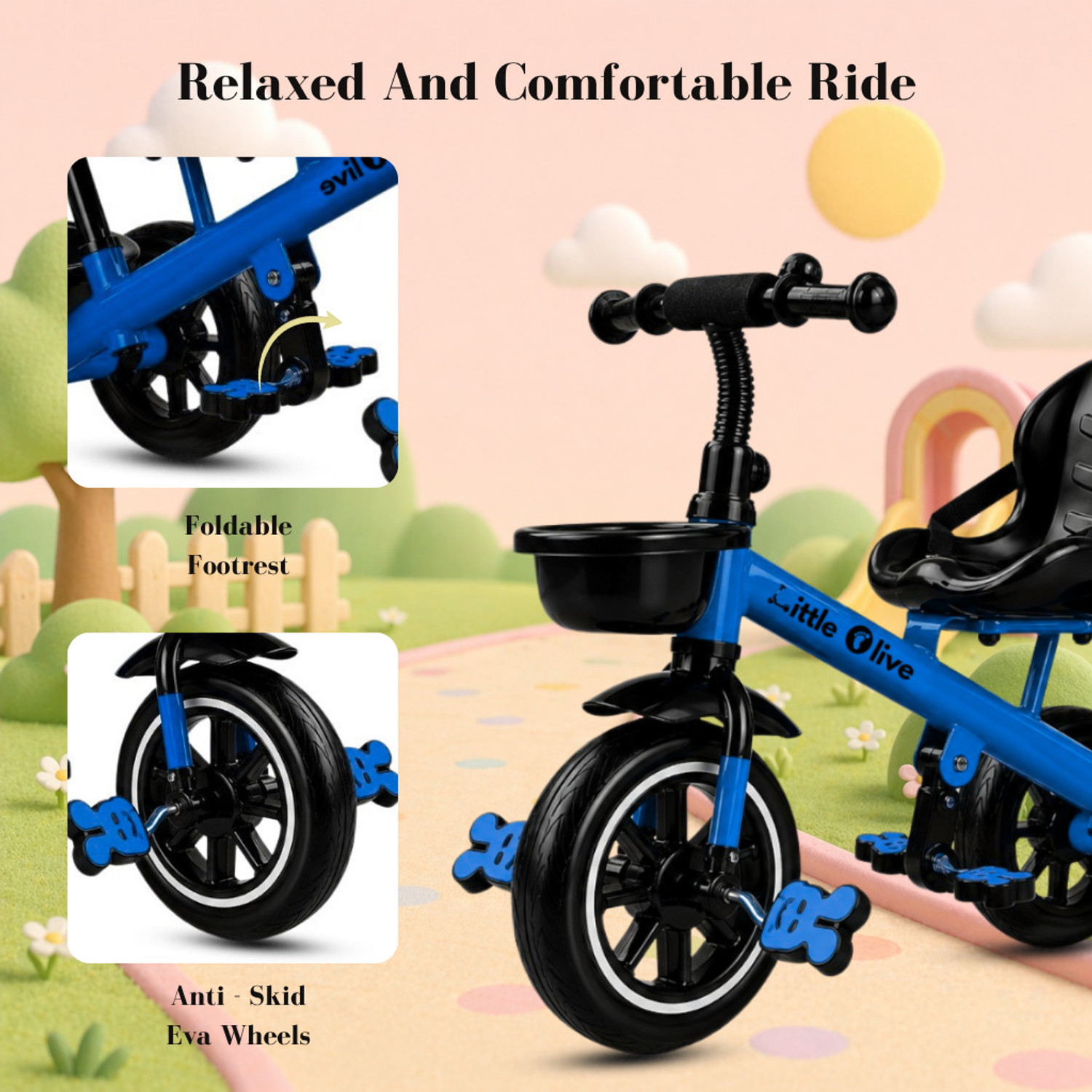 Image of Little Olive Premium Kids Tricycle with Parent Handle, Safety Belt & Storage Basket Tricycle
