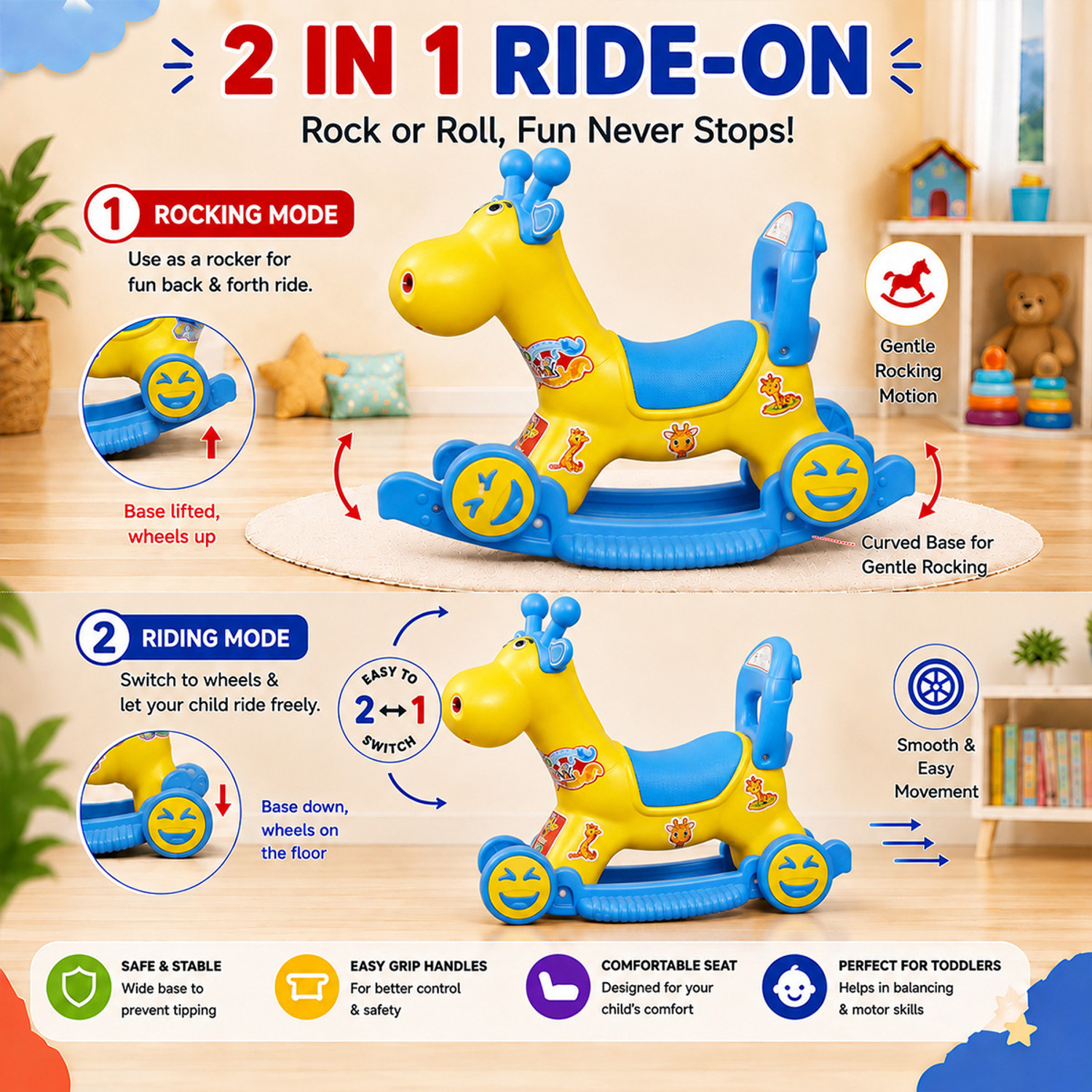 Image of Kiddy Nation Leo 2-in-1 RideOn & Rocker Giraffe Toy for Kids | Manual Push Ride & Rocking Toy Leo 2-in-1 RideOn & Rocker Giraffe Toy for Kids | Manual Push Ride & Rocking Toy Tricycle (Yellow, Blue)