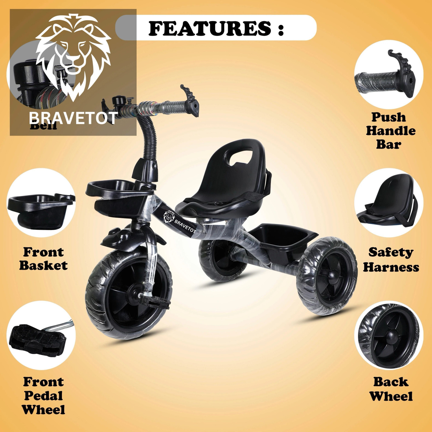 Image of BRAVETOT Kids Tricycle with Back Basket & Safety Belt for Toddlers BLACK BASKET MODEL 02 Premium NEW Premium Edition Tricycle