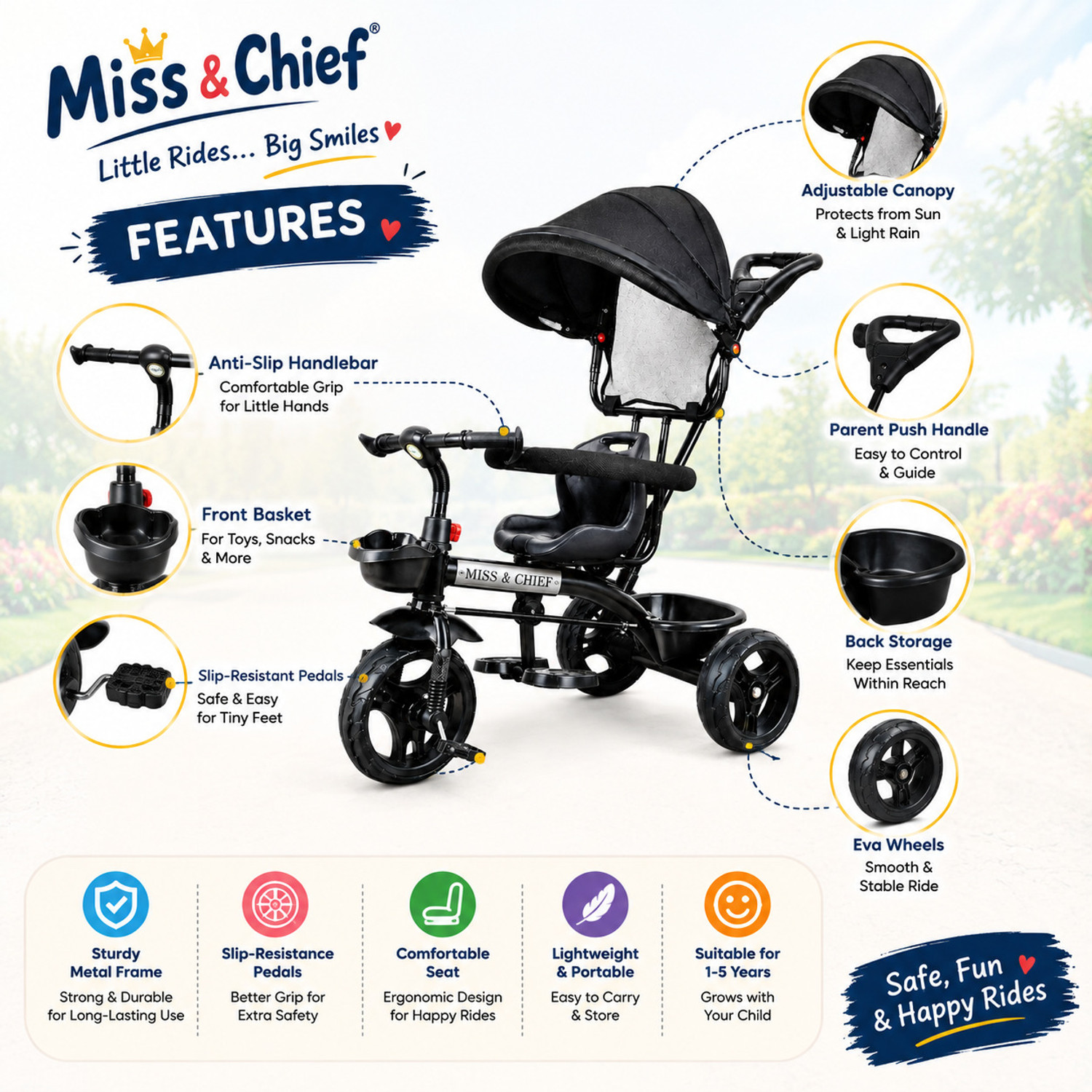 Image of Miss & Chief Canopy Sefty ,Eva Wheel Tricycle Tricycle with Parental Handle Tricycle