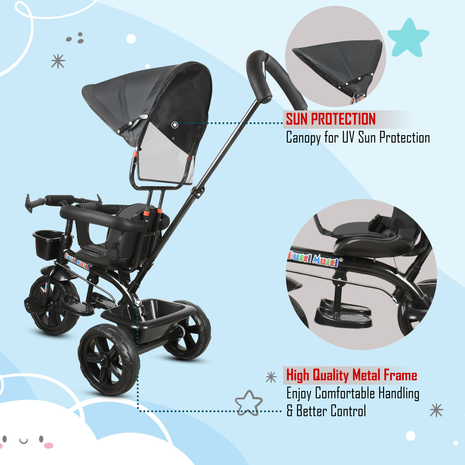 Image of TOYSHOPPEE Tricycle Black colour for Kids with Parent Handel,180 seat rotation, Front or Back Basket with baby Canopy and sipper Tricycle for 12 months to 60 Months for Kids trikes Tricycle 4005 NAVY BLUE Tricycle (Blue)