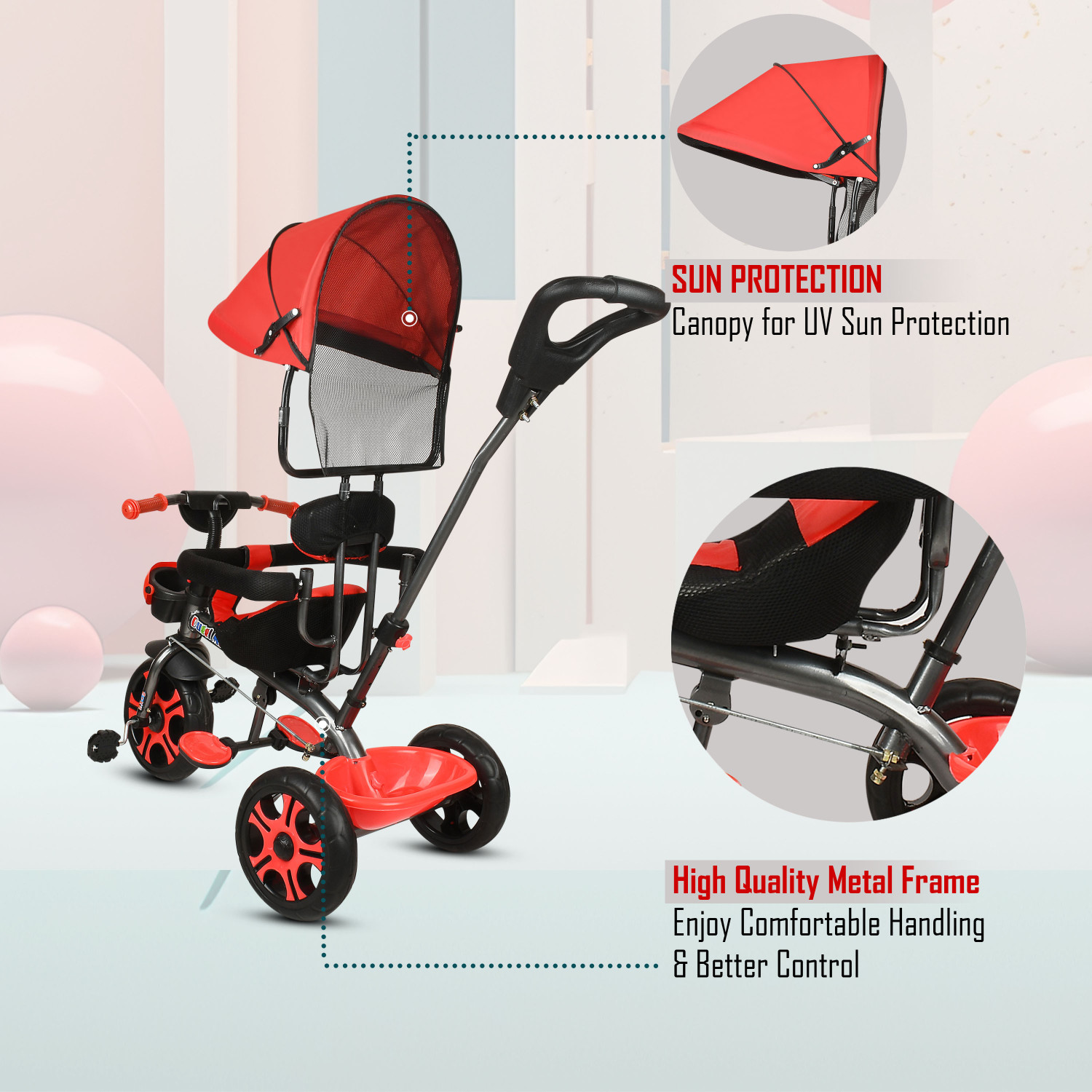 Image of DUGGI MUGGI Tricycle with Parental Push Handle & Foldable Canopy Rotating Soft Cushion Seat for 12 Months to 5 Years. Tricycle