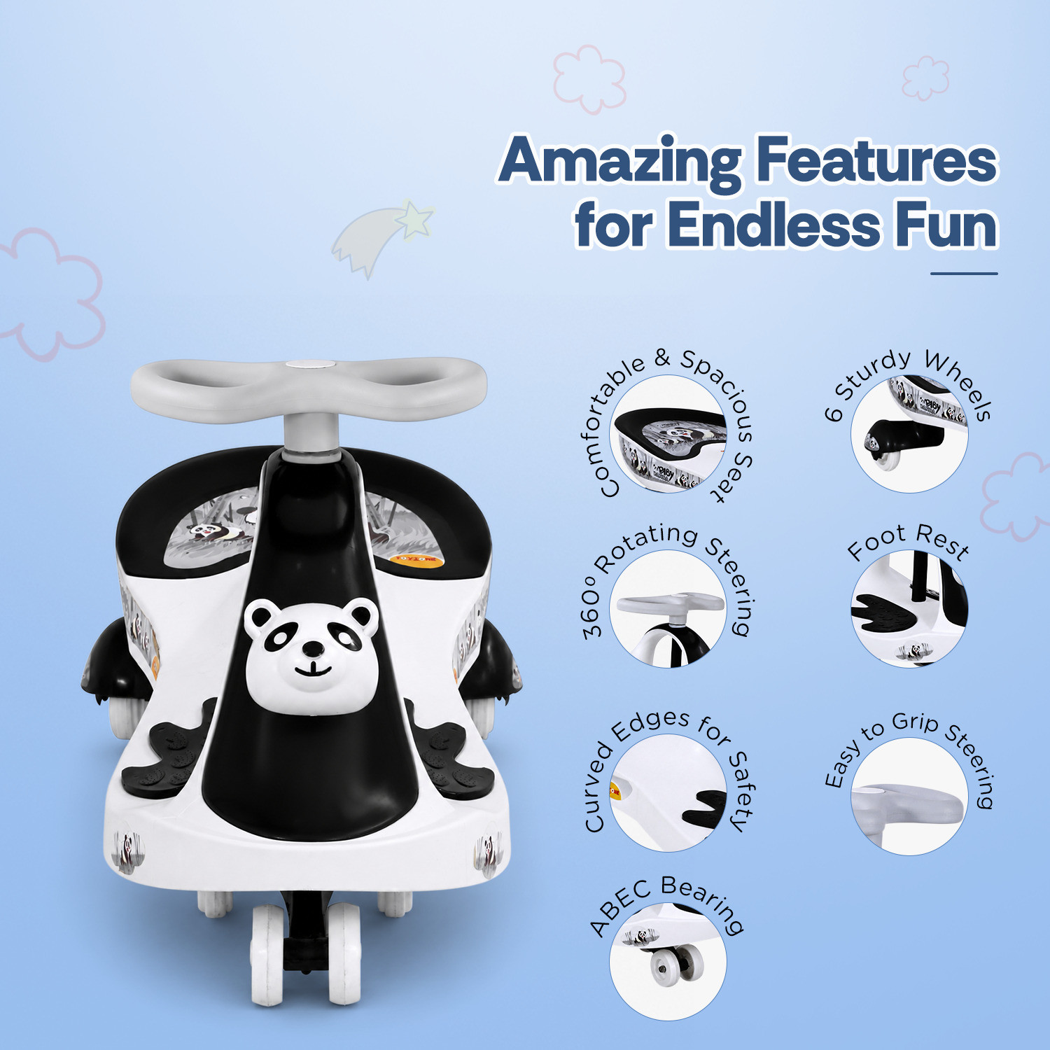 Image of kidznation Baby Panda Kids Magic Car /Swing Car Ride On -Multicolour 50940F Tricycle