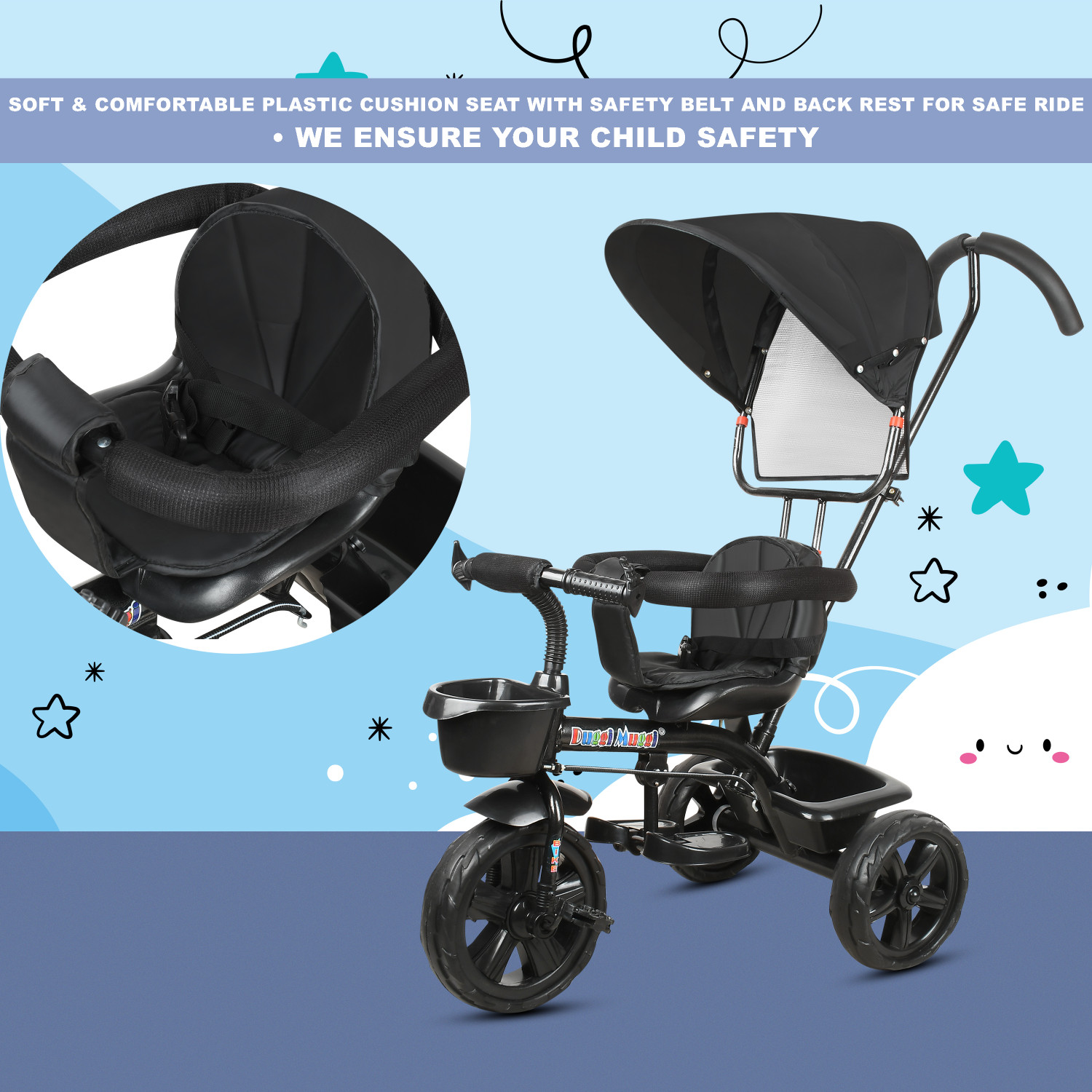 Image of TOYSHOPPEE Tricycle Black colour for Kids with Parent Handel,180 seat rotation, Front or Back Basket with baby Canopy and sipper Tricycle for 12 months to 60 Months for Kids trikes Tricycle 4005 NAVY BLUE Tricycle (Blue)