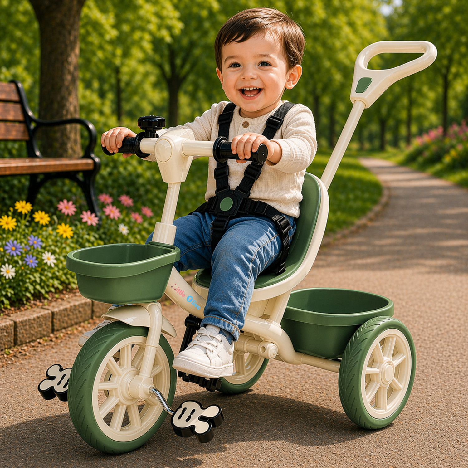 Image of Little Olive Kids Tricycle with Parent Handle, Safety Harness, Storage Basket & Wide Wheels Tricycle
