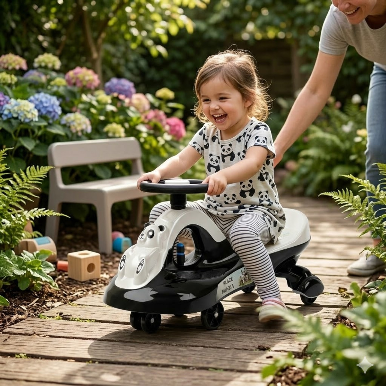 Image of BRAVETOT Panda Kids Swing Car with Music and Light pandacar1 Tricycle